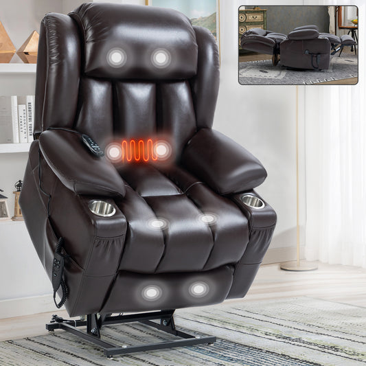 Dual Motor Infinite Position Up to 350 LBS Leatheraire Power Lift Recliner Chair, Heavy Duty Motion Mechanism with 8-Point Vibration Massage and Lumbar Heating, Stainless steel Cup Holders, Brown