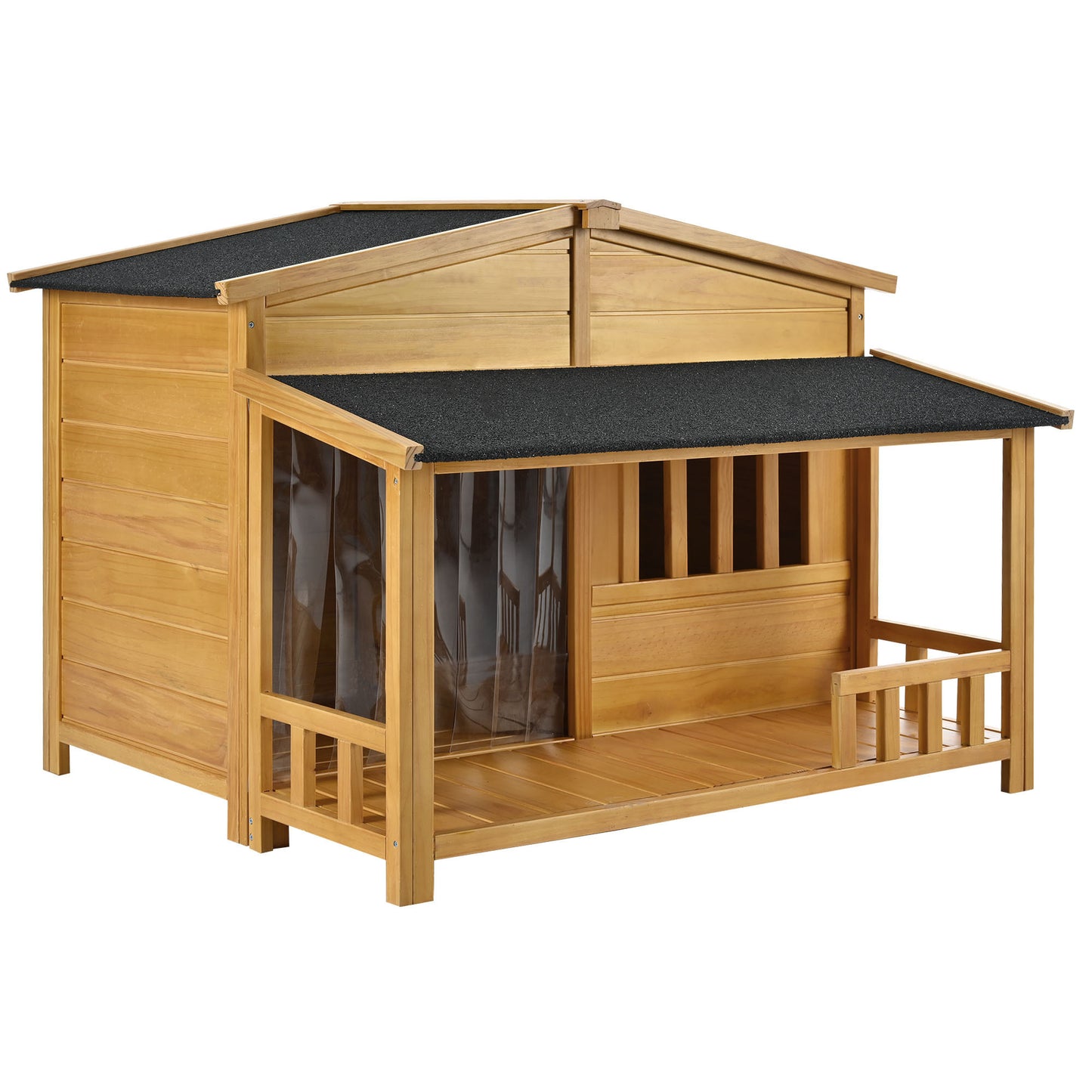 GO 47.2" Wooden Dog House, Outdoor & Indoor Dog Crate, Pet Kennel With Porch, Solid Wood, Weatherproof,  Medium, Nature