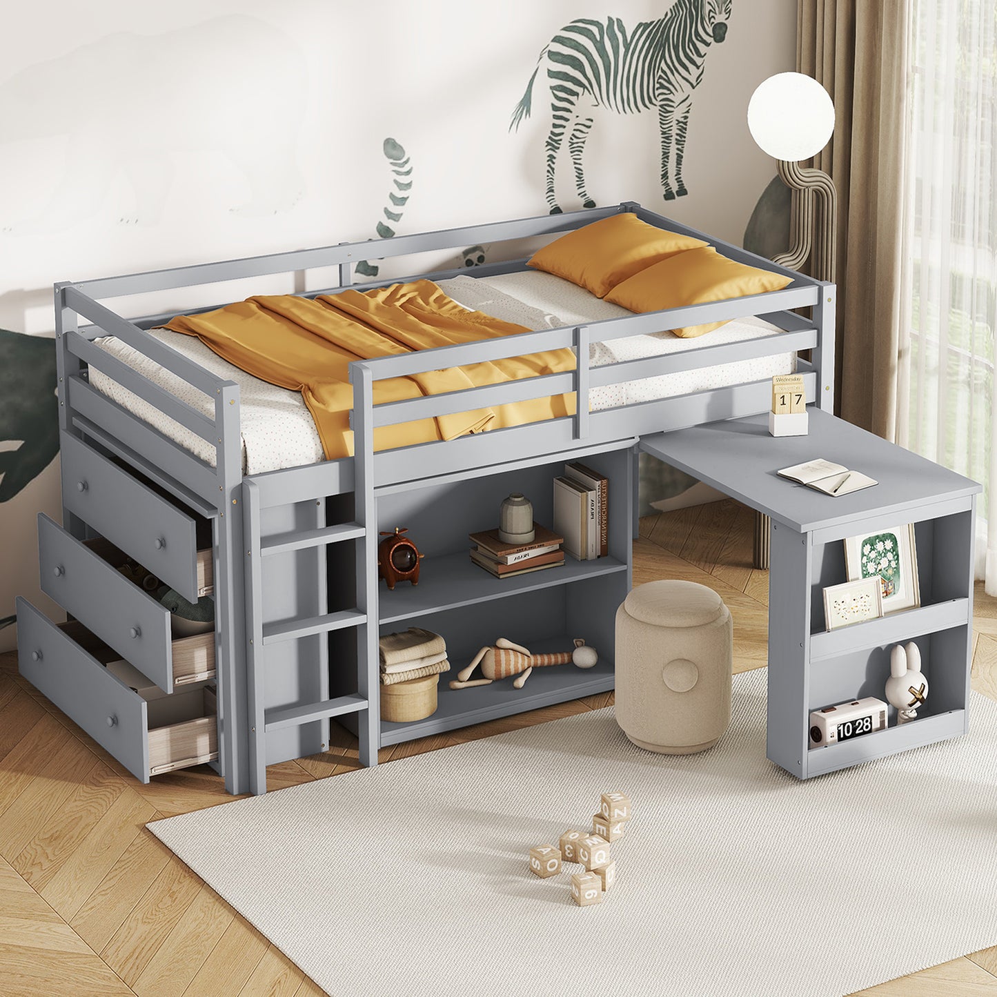 Twin Loft Bed with ,Drawer Cabinet, Shelf Cabinet and Pulling -Out Desk,Rubber Wood Loft Bed with Safety Guardrail ,Ladder,Grey