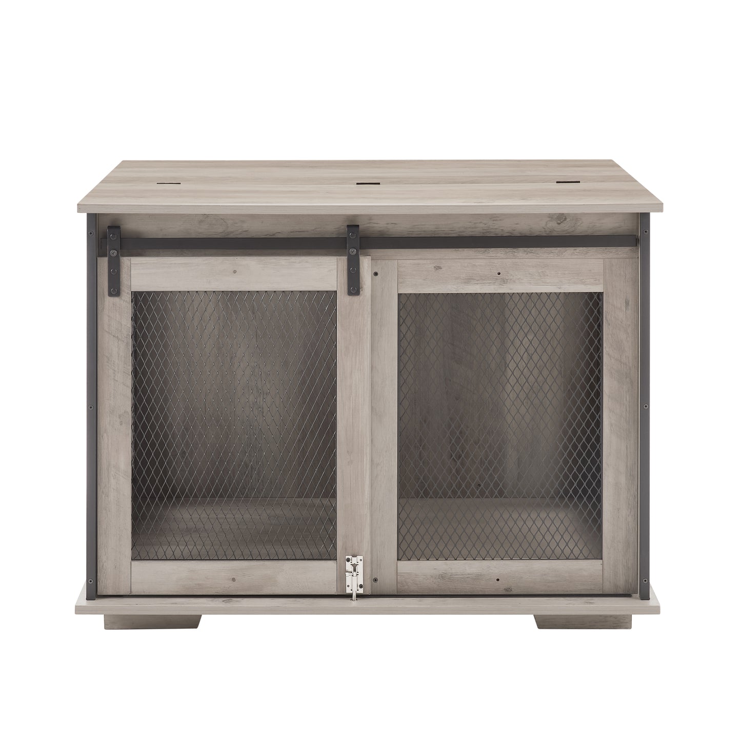 Farmhouse Dog Cage Crate Furniture with Sliding Barn Door,  Farmhouse Wooden Dog Kennel End Table with Flip-top Plate Dog House with Detachable Divider for Small/Medium/Large Dog Gray