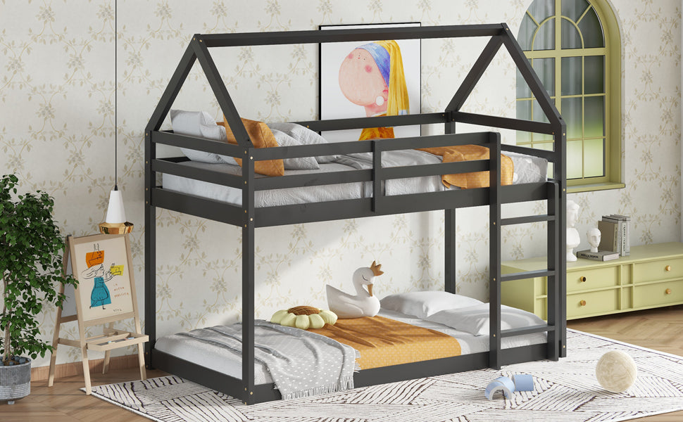 Twin over Twin Rubber Wood Floor Bunk Bed, with ladder,Guardrails,House-Shaped-Bunk Bed, Black