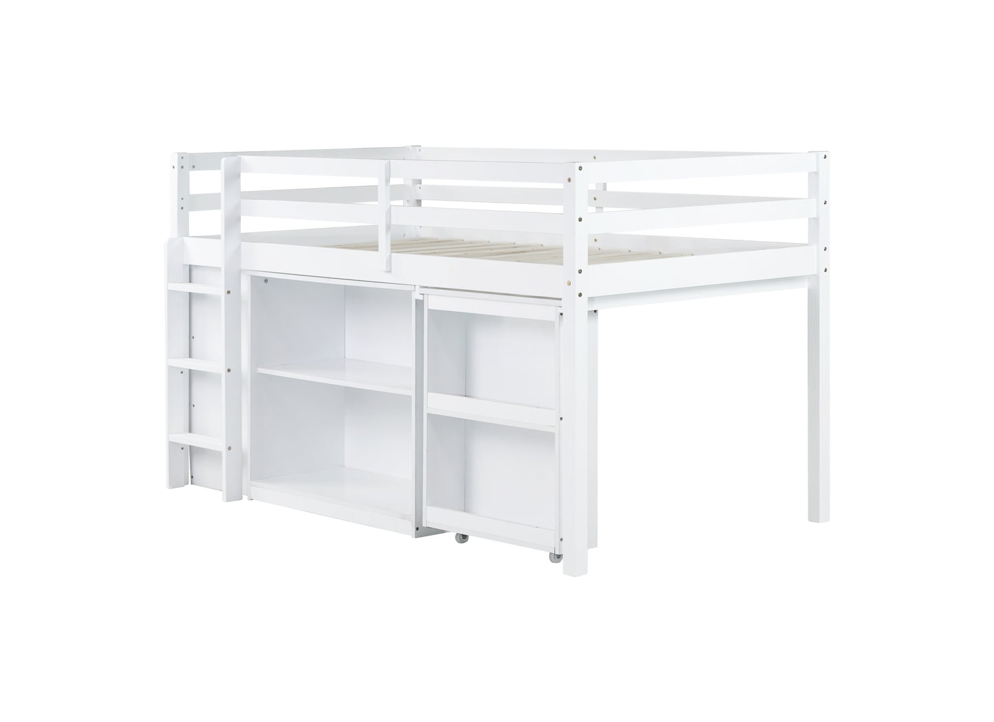 Twin Loft Bed w. stroage case ,drawers,Twin Loft Bed with ,Drawer Cabinet, Shelf Cabinet and Pulling -Out Desk,Rubber Wood Loft Bed with Safety Guardrail ,Ladder,White