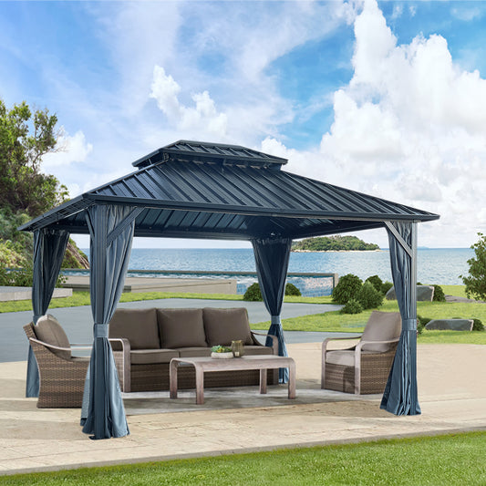 10x12ft Gazebo Double Roof Canopy with Netting and Curtains, Outdoor Gazebo 2-Tier Hardtop Galvanized Iron Aluminum Frame Garden Tent for Patio, Backyard, Deck and Lawns