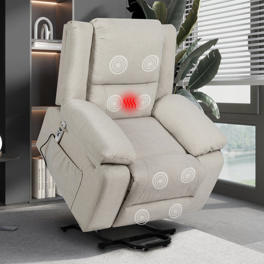 Electric Power Recliner Chair With Massage For Elderly ,Remote Control Multi-function Lifting, Timing, Cushion Heating Chair With Side Pocket Beige