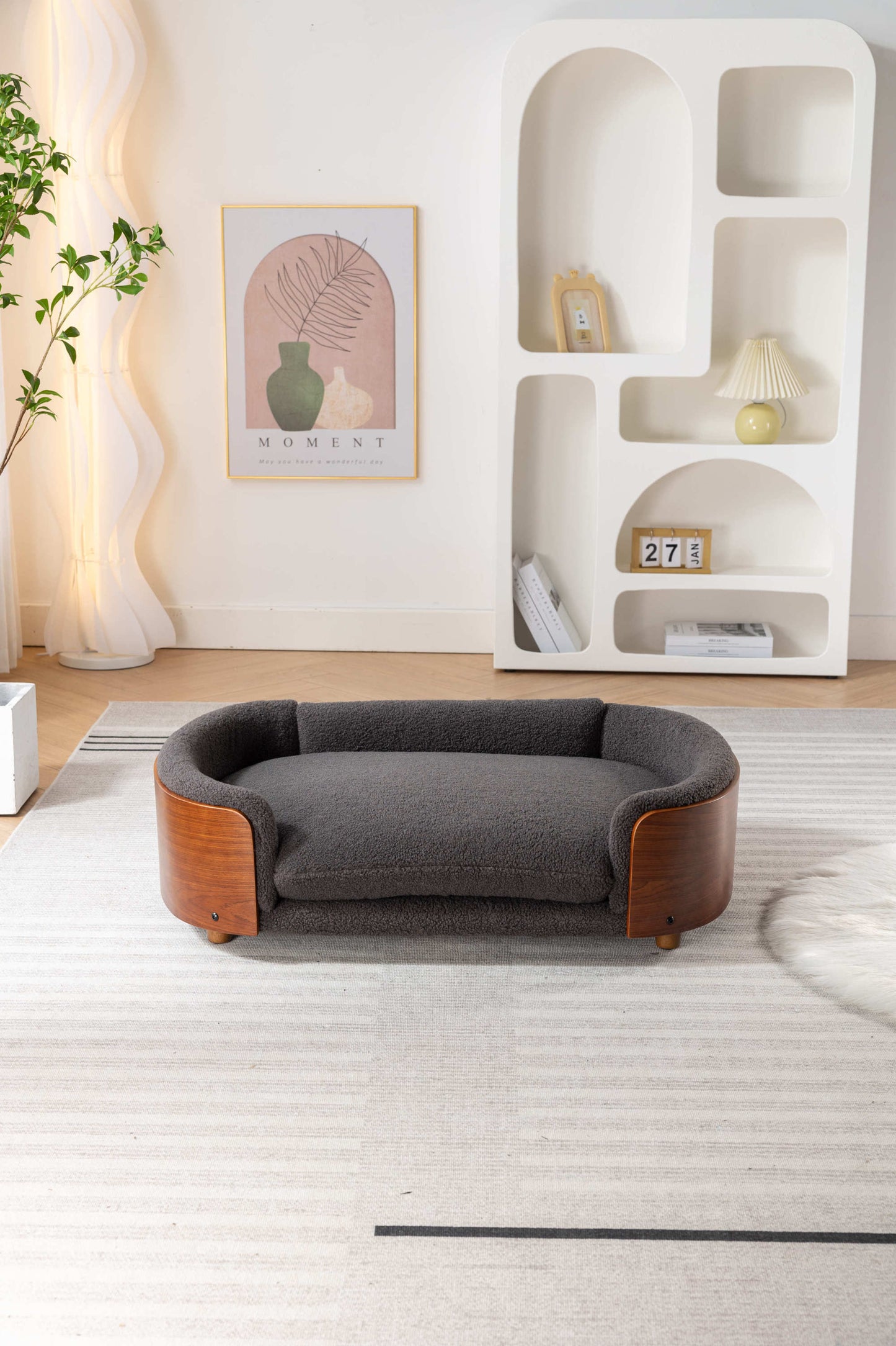 Scandinavian style Elevated Dog Bed Pet Sofa With Solid Wood legs and Walnut Bent Wood Back, Cashmere Cushion,Large Size