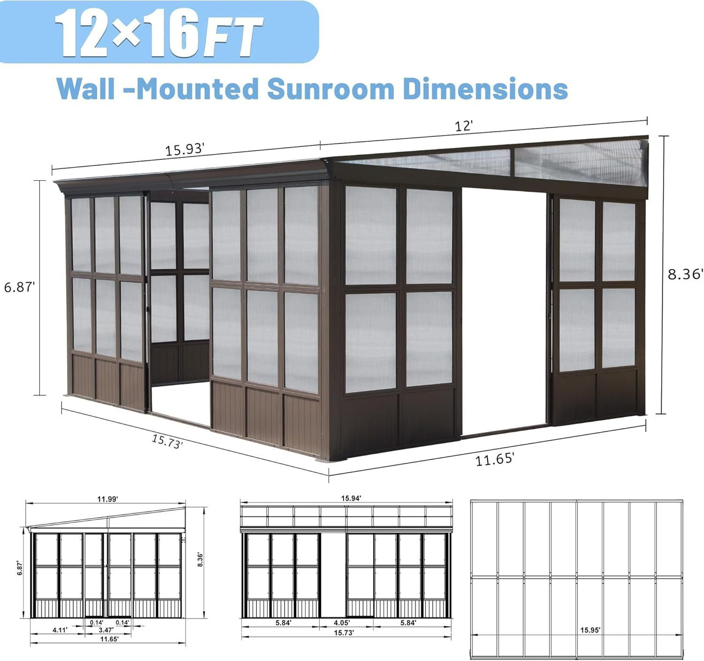 12x16FT All Season Sunroom, Outdoor Permanent Wall Mounted Solarium with Detachable Polycarbonate Windows, Aluminum Lean to Gazebo Sun Room with 2 Lockable Sliding Doors for Garden Patio Deck