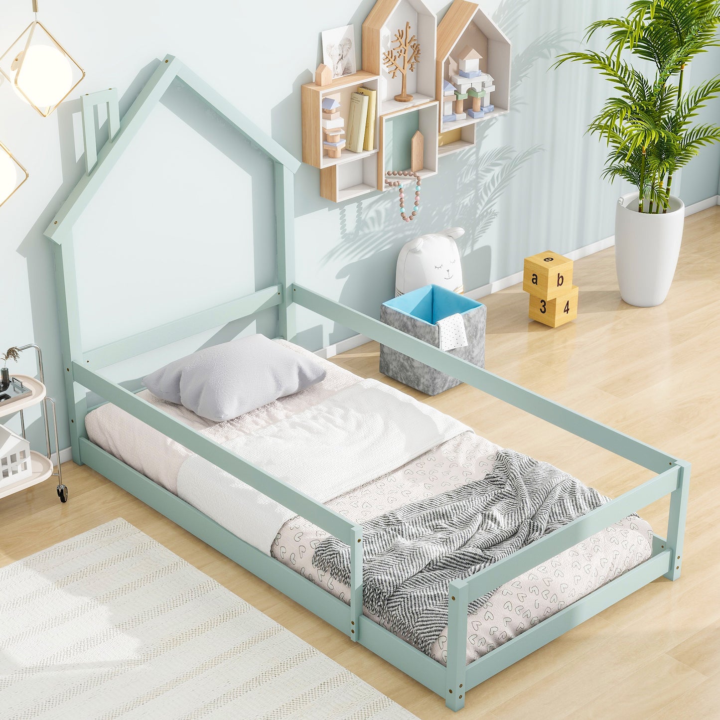 Twin Size Wood bed with House-shaped Headboard Floor bed with Fences,Light Green