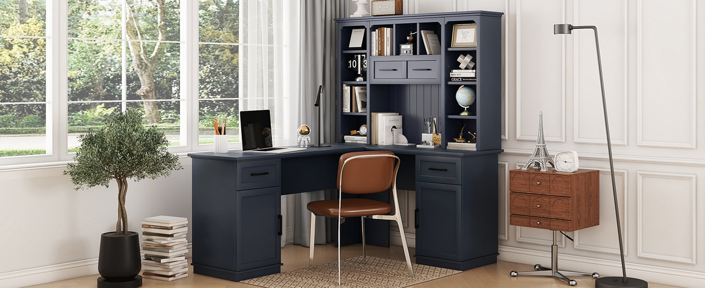 L-shaped computer desk with 2 cabinets and 2 drawers underneath the table, 11 open shelves and a flip-up shelf with storage on the right side, suitable for study, living room and office, Antique Blue