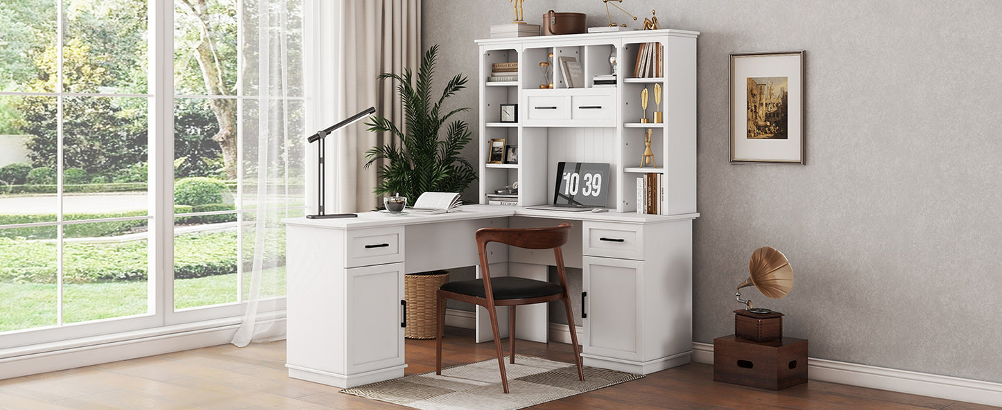 L-shaped computer desk with 2 cabinets and 2 drawers underneath the table, 11 open shelves and a flip-up shelf with storage on the right side, suitable for study, living room and office, White