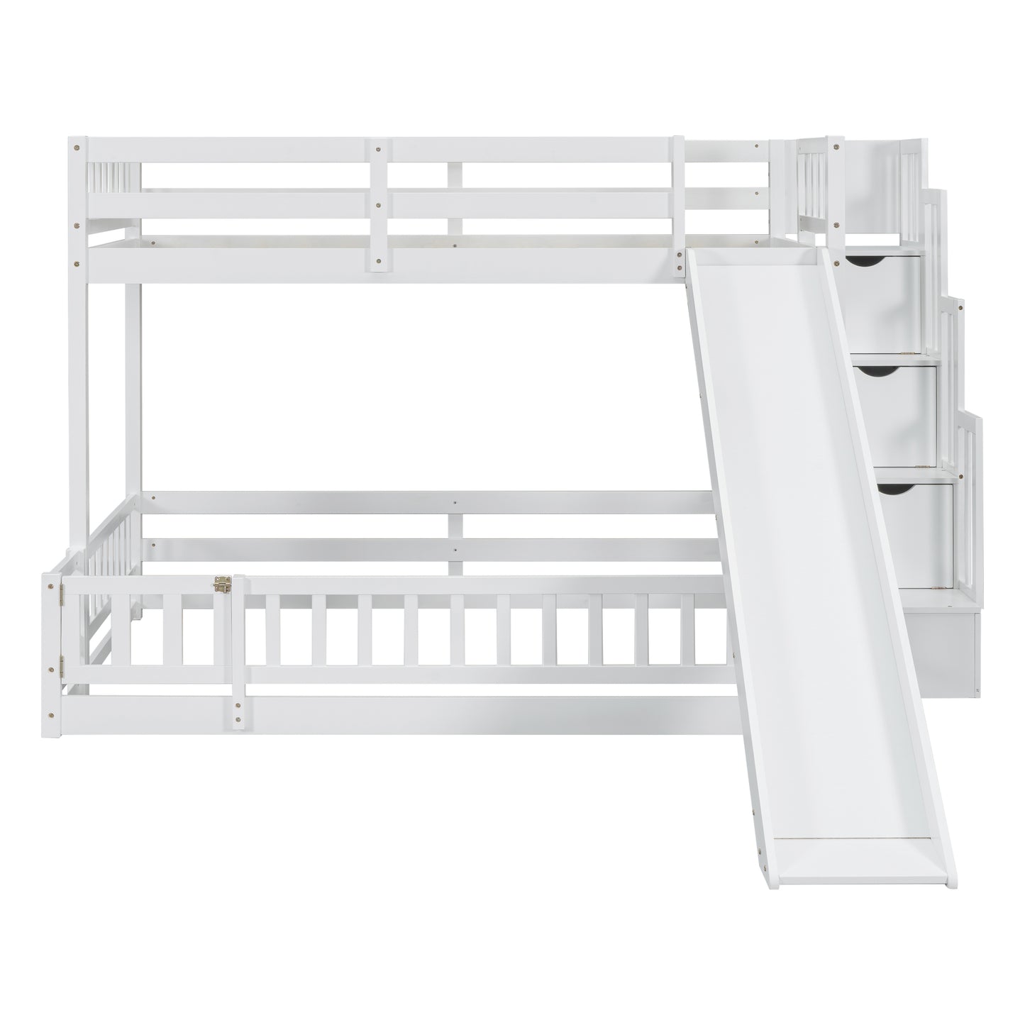 Twin Over Full Bunk Bed with Slide, Storage Staircase, Pine Solid Wooden Bunk Bed with Safety Guardrails,White