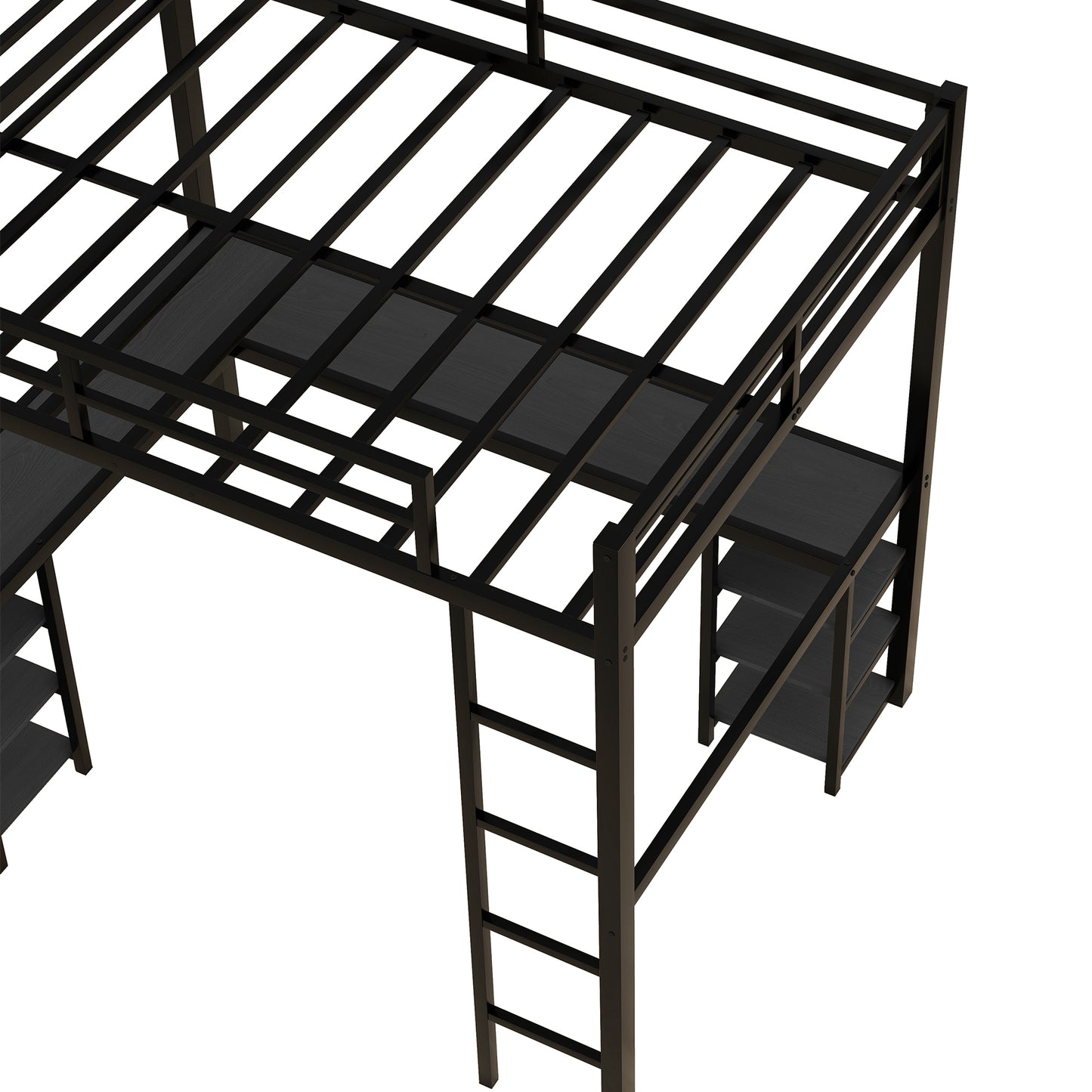 Full Metal Loft Bed with Desk and Shelves, Loft Bed with Ladder and Guardrails, Loft Bed Frame for Bedroom, Black with Black Desk