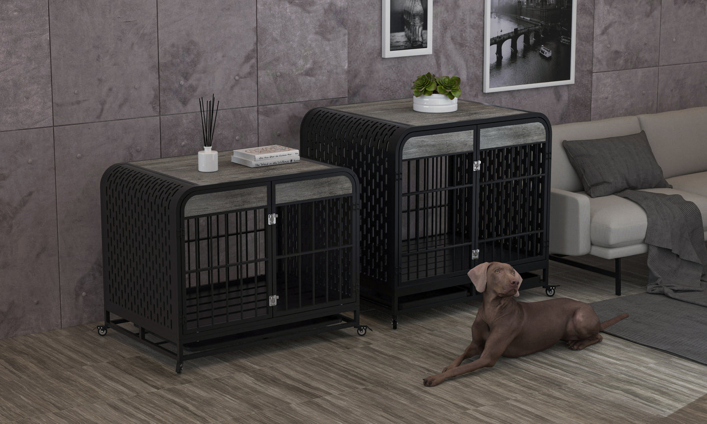 Heavy Duty Dog Crate Furniture Wooden Table Pet Dog Cage Kennel House Indoor Side End Table Decor with Removable Trays and Lockable Wheels for Medium and Large Dogs 42" Grey