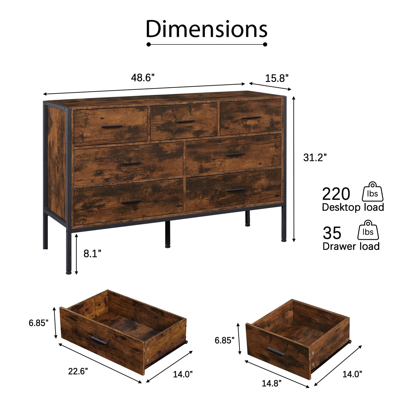 Wood Dresser with 7 Drawers, Wooden Storage Closet for Bedroom, Solid Clothes Cabinet with Sturdy Steel Frame, 48.58"W×15.75"D×31.22"H, 48 inch, Rustic Brown