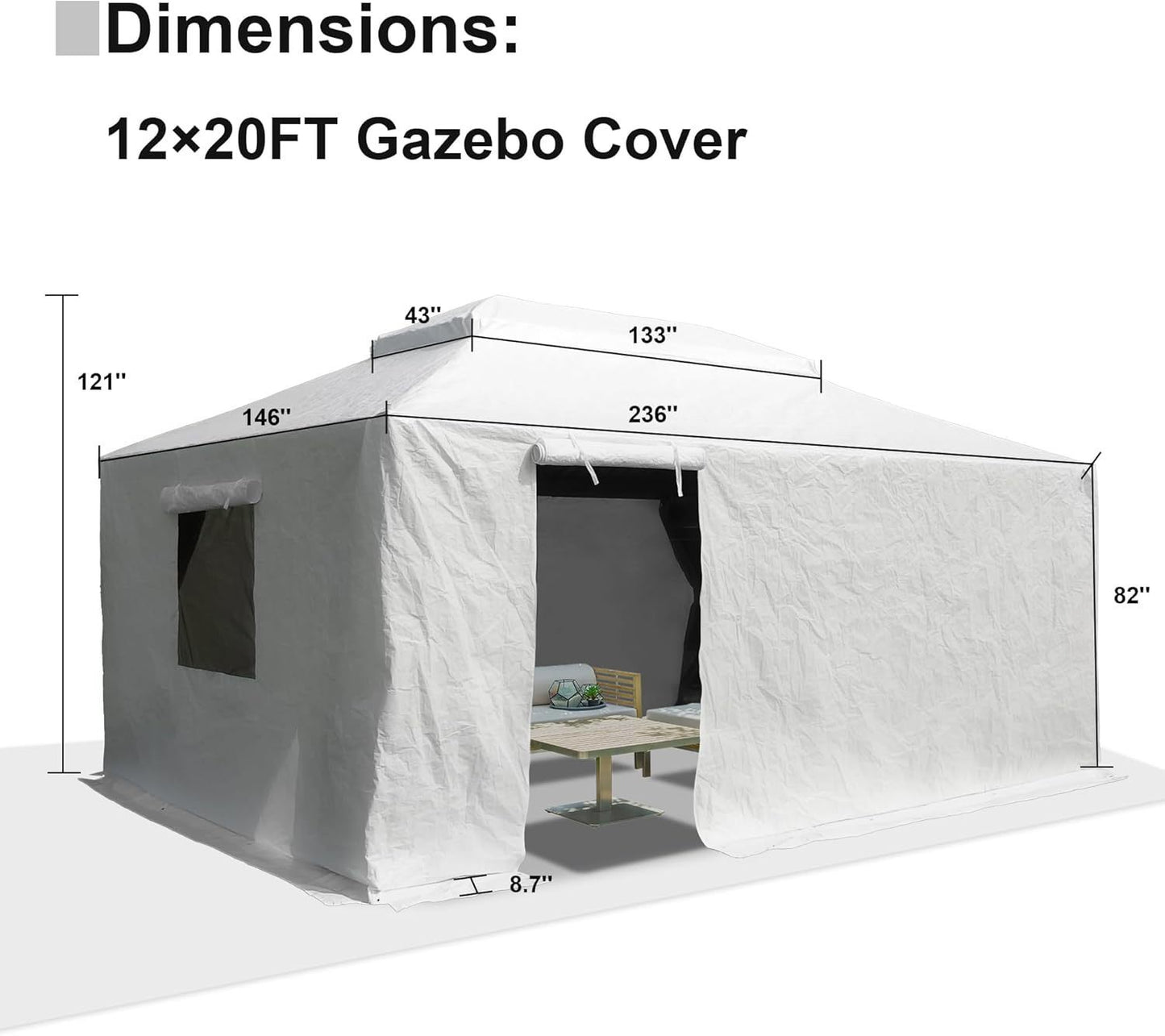 12'x20' Gazebo Cover for Hardtop Gazebos, Outdoor Universal Winter Gazebo Cover with Sidewalls and Mesh Windows, All Season Waterproof Enclosed Gazebo Cover, White