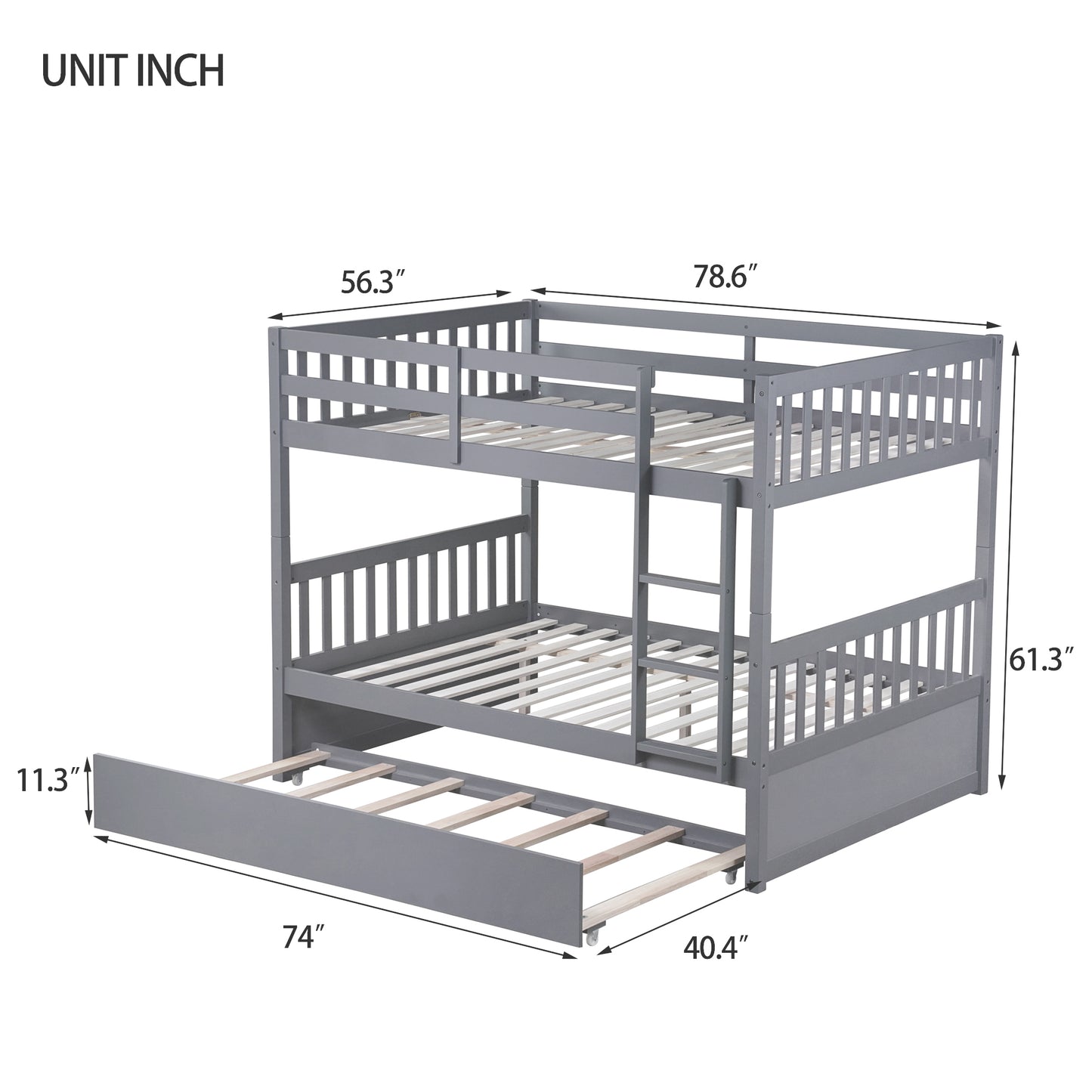 Full Over Full Rubber Wood Bunk Bed with Trundle, Ladder and Guardrails, Convertible to 2 Full Size Beds, with Twin Size Trundle ,Grey(Old Sku:W504S00250)