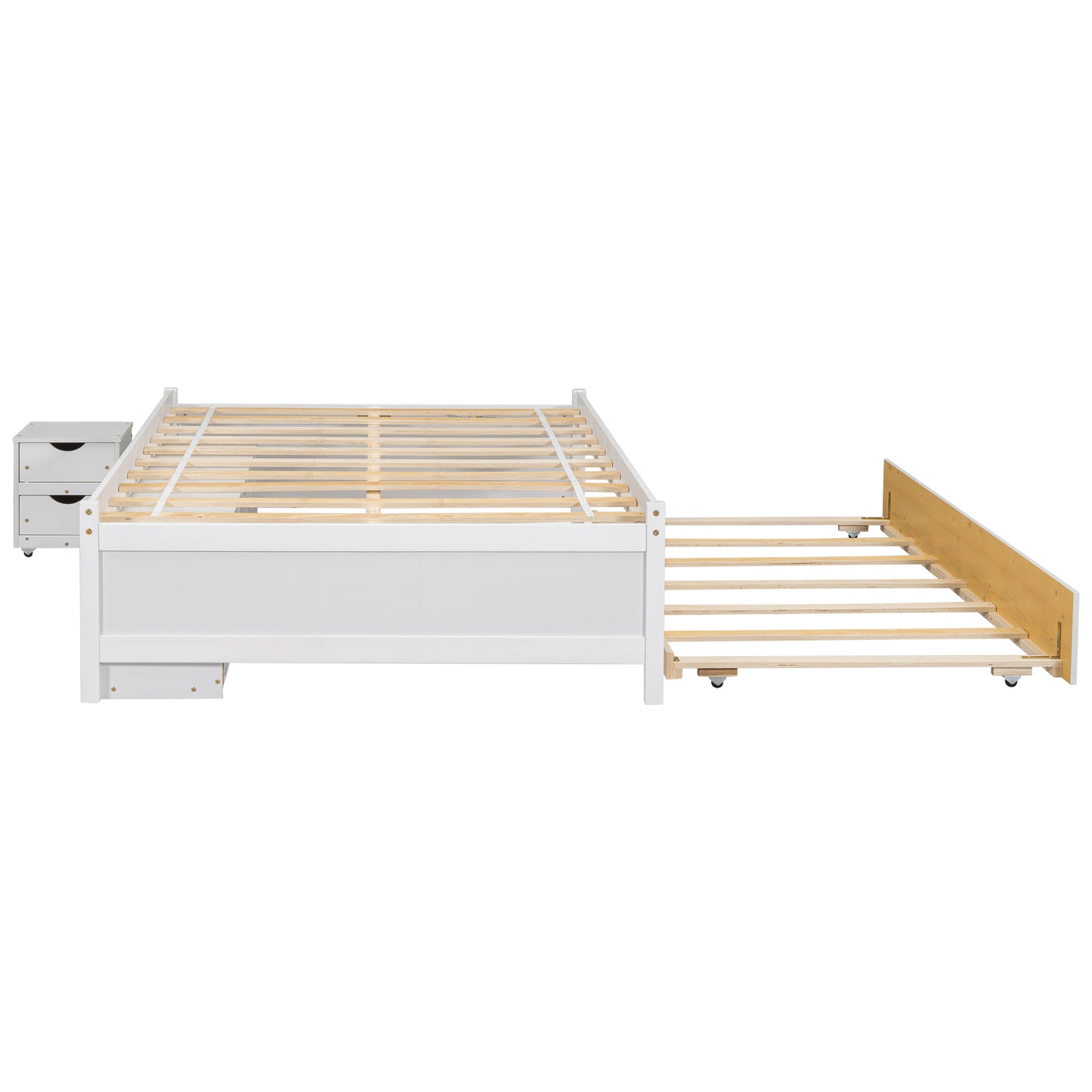 Full Size Storage Bed , Solid Wood Bed with Trundle, Under bed Storage Box of 2 Drawers, Shelves, and Nightstand ,White