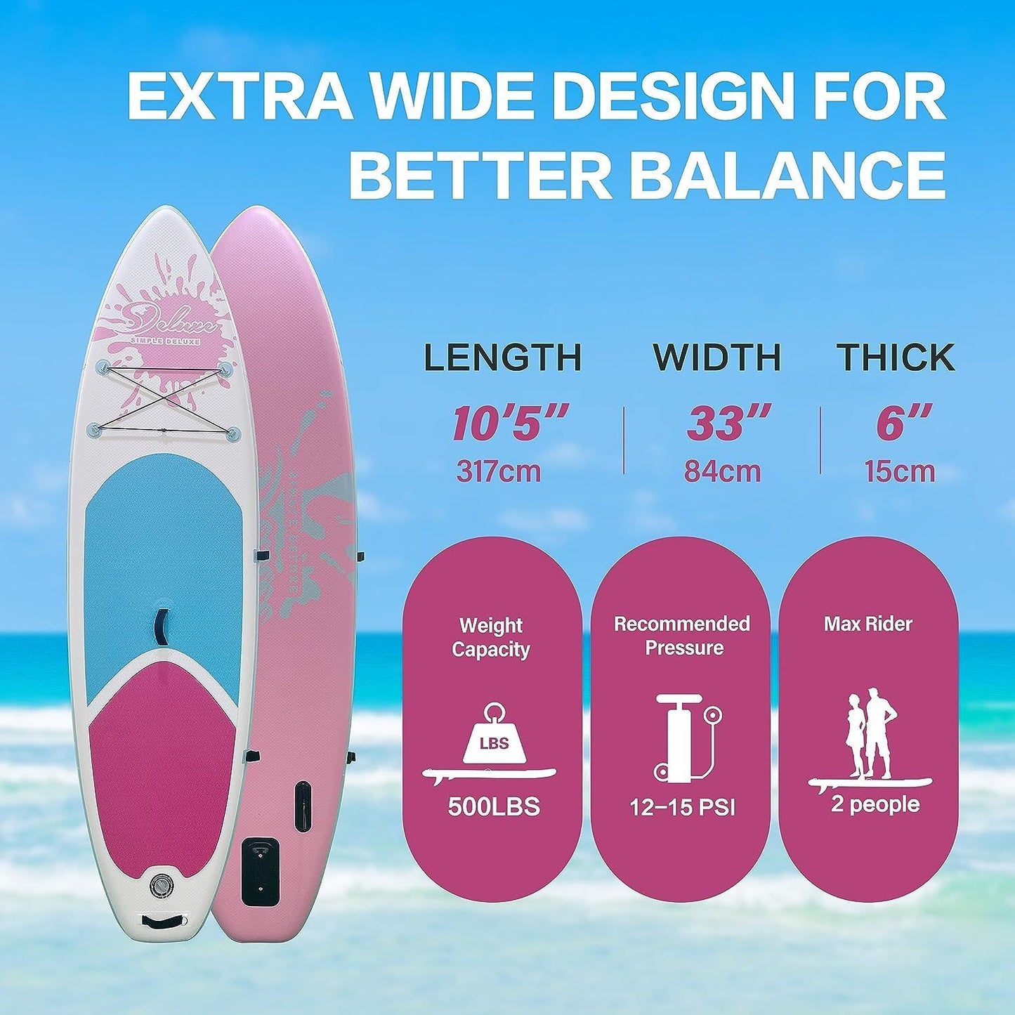 Inflatable Stand Up Paddle Board – Simple Deluxe Premium SUP for All Skill Levels, Pink Paddle Boards for Adults & Youth, Blow Up Stand-Up Paddleboards with Accessories & Backpack, Surf Control