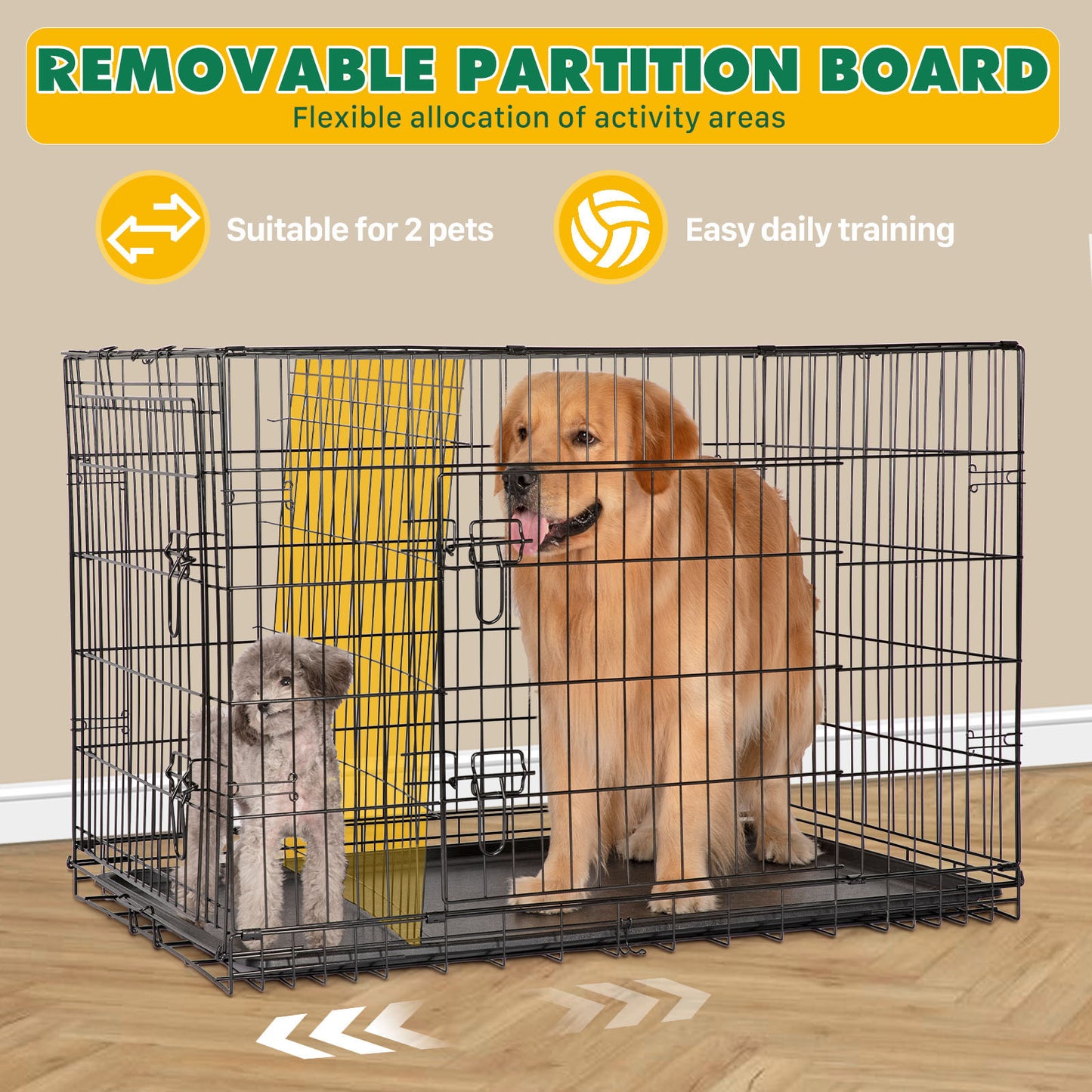 Dog Crate with Divider Panel,42 Inch Double Door Folding Metal Wire Dog Cage with Plastic Leak-Proof Pan Tray, Pet Kennel for Indoor