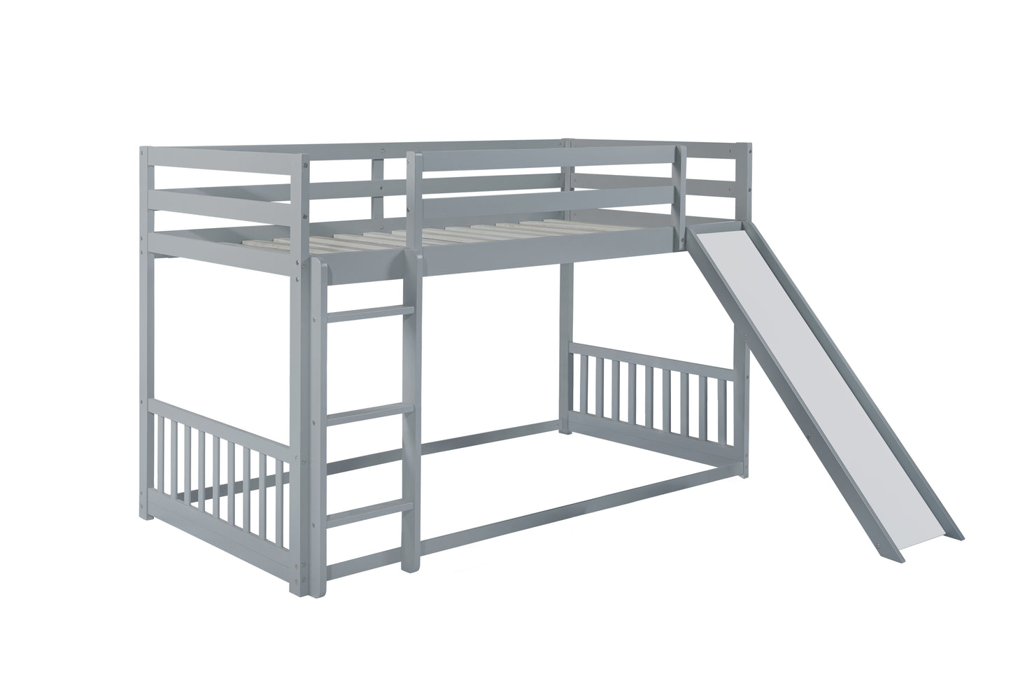 Twin Over Twin Floor Bunk Bed with Slide, Ladder, Door, Safety Guardrails, Solid Pine Wood Bunk Bed ,Grey