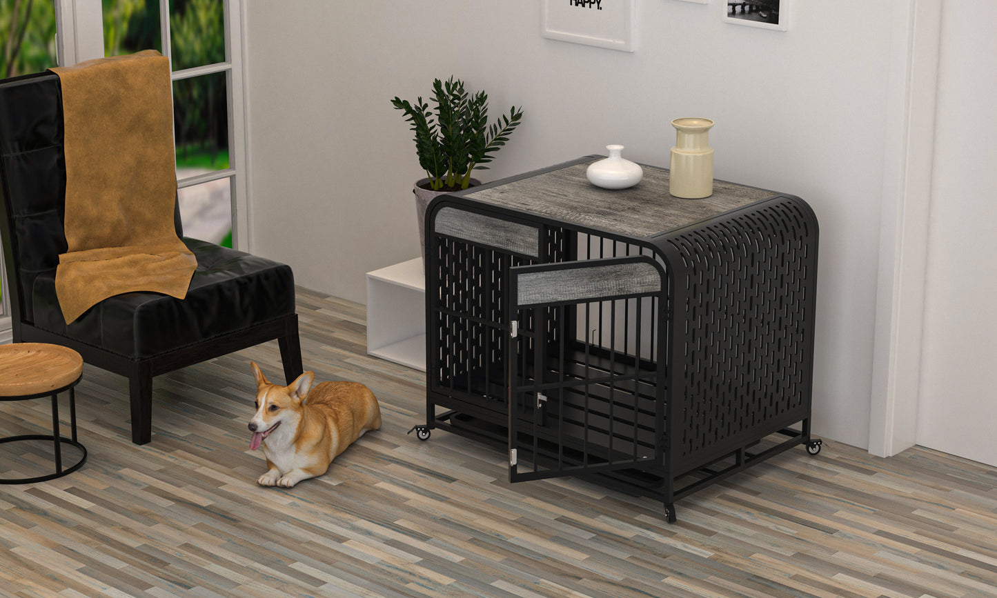 Heavy Duty Dog Crate Furniture Wooden Table Pet Dog Cage Kennel House Indoor Side End Table Decor with Removable Trays and Lockable Wheels for Small Dogs 33" Grey