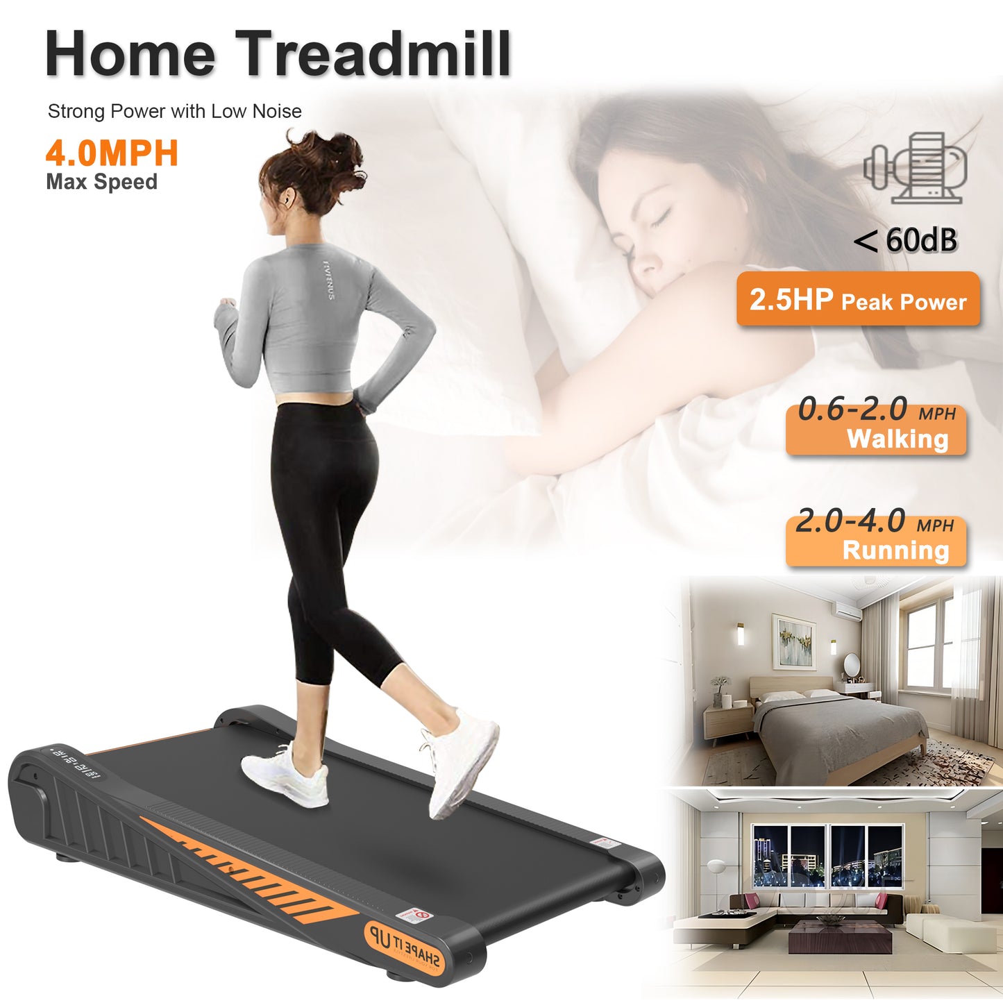 Home Exercise Walking Pad Under Desk Treadmill 8% Incline for Small Space