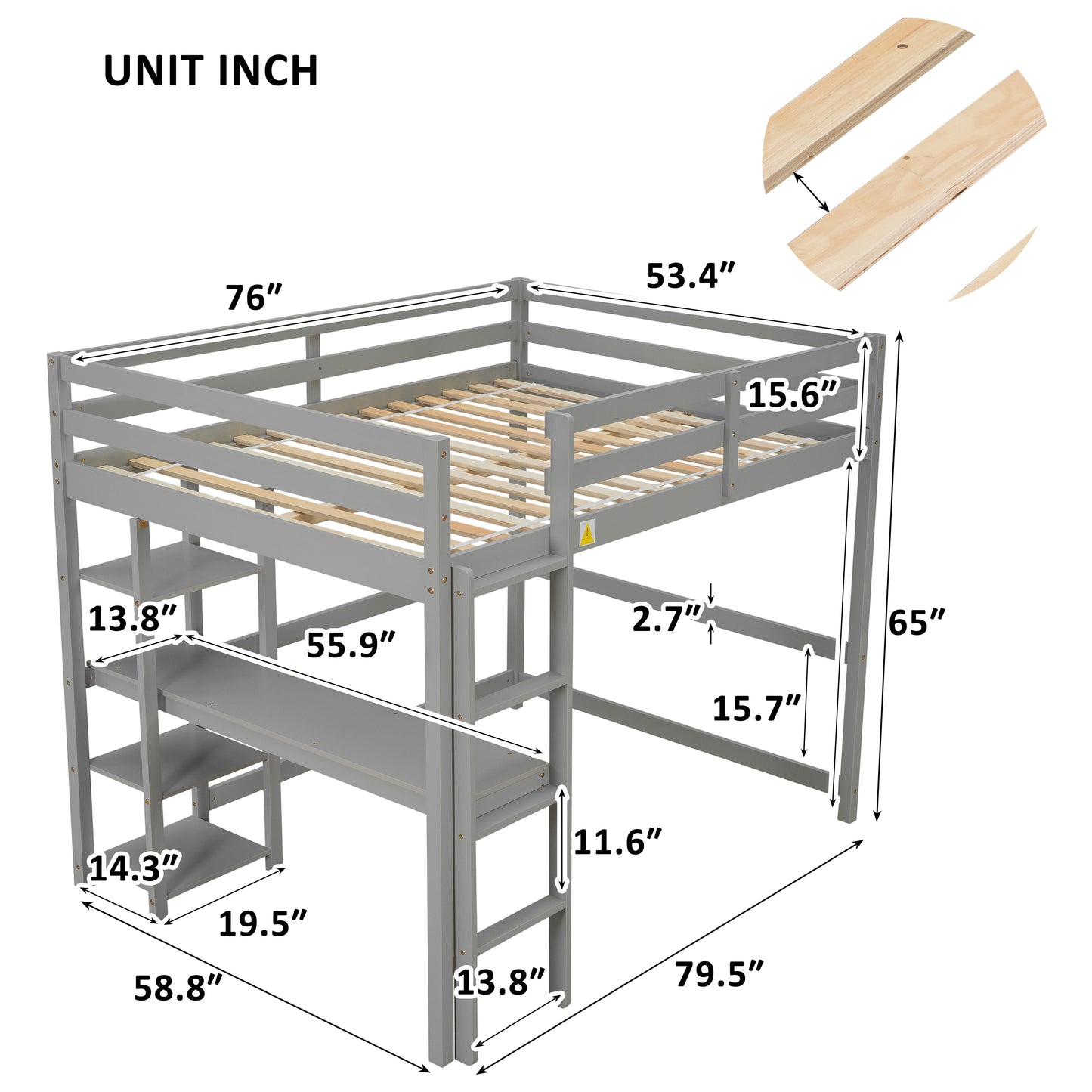 Full Loft Bed with Desk ,Shelves and Ladder, Grey