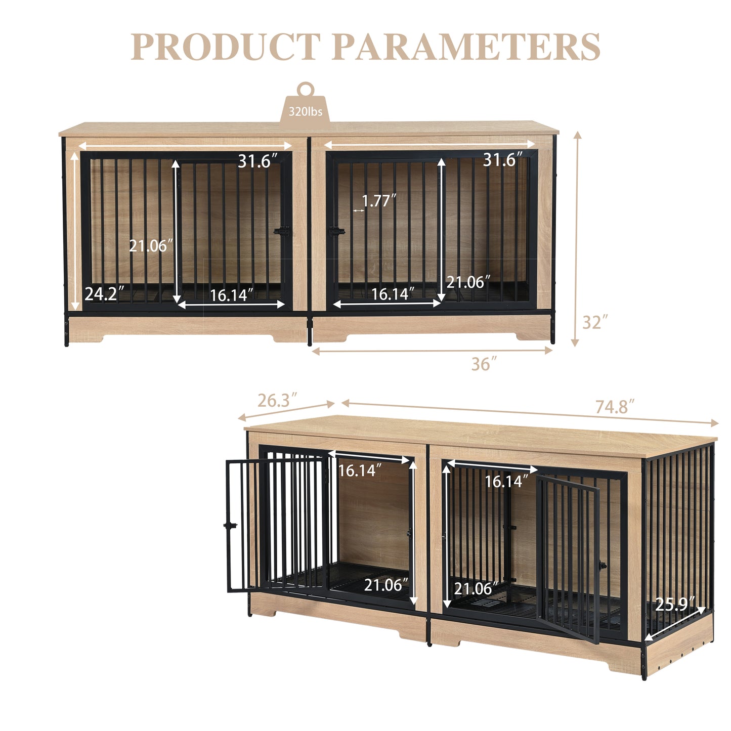 Dog Crate Furniture with Two Combined Room, XL Large Double Dog Cage Furniture with Tray for Medium Large Dogs, Wooden Dog Kennel Furniture