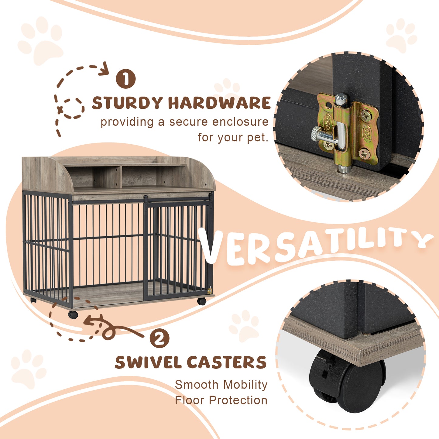 GO 44'' Heavy Duty Large Dog Crate Furniture for Large Medium Dog with Lockable Wheels, Wooden Dog Crate Dog Kennel, End Table Crate with Double layer storage, Gray