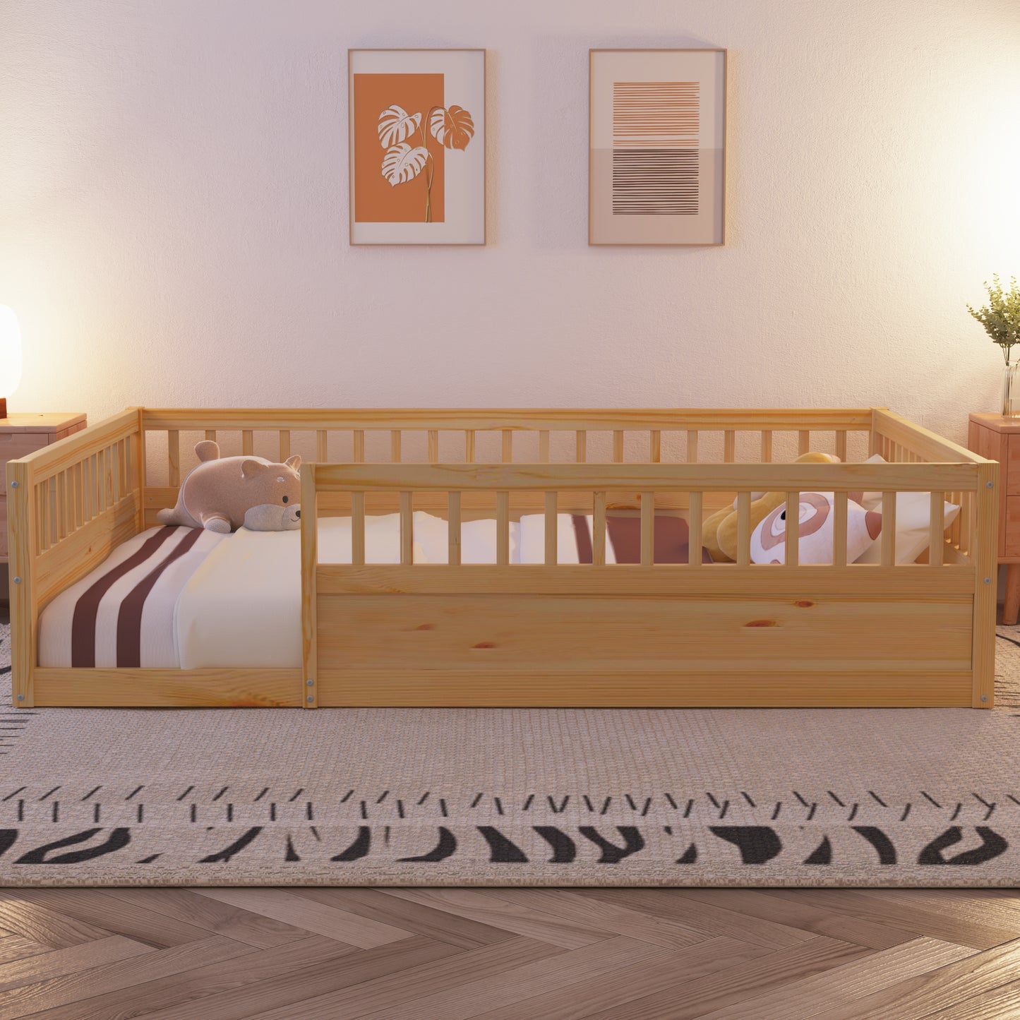 Full Floor Bed Frame with Fence, Wood Kids Floor Beds Frame for Bedroom Playroom,Natural(Expect arrive date Jul. 10th)