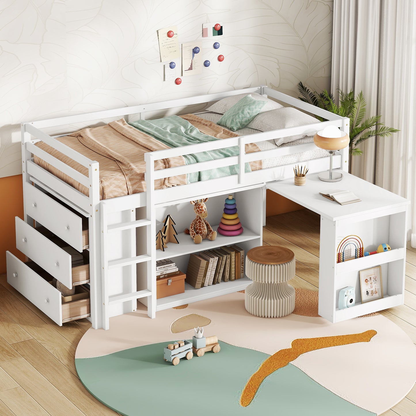 Twin Loft Bed w. stroage case ,drawers,Twin Loft Bed with ,Drawer Cabinet, Shelf Cabinet and Pulling -Out Desk,Rubber Wood Loft Bed with Safety Guardrail ,Ladder,White