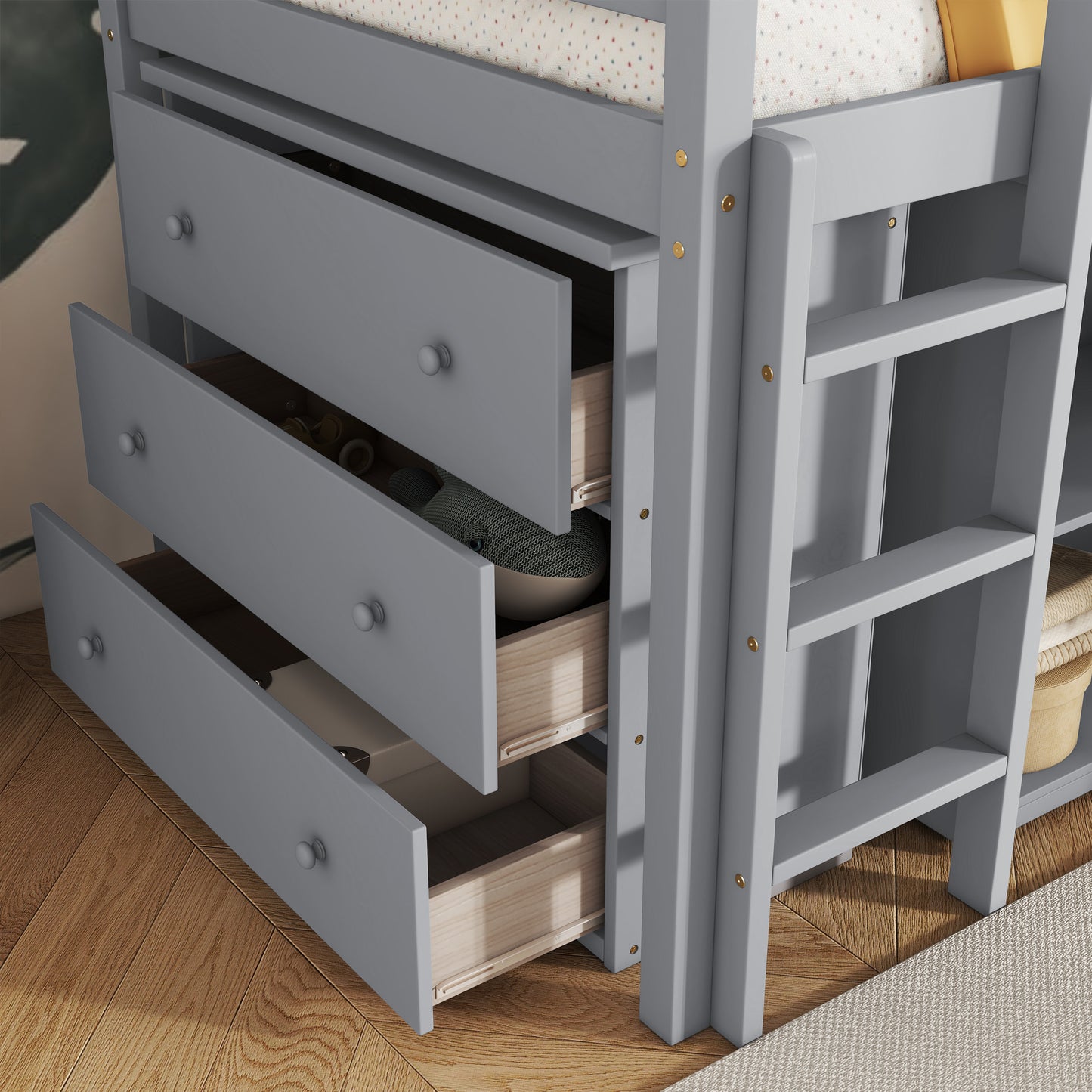 Twin Loft Bed with ,Drawer Cabinet, Shelf Cabinet and Pulling -Out Desk,Rubber Wood Loft Bed with Safety Guardrail ,Ladder,Grey