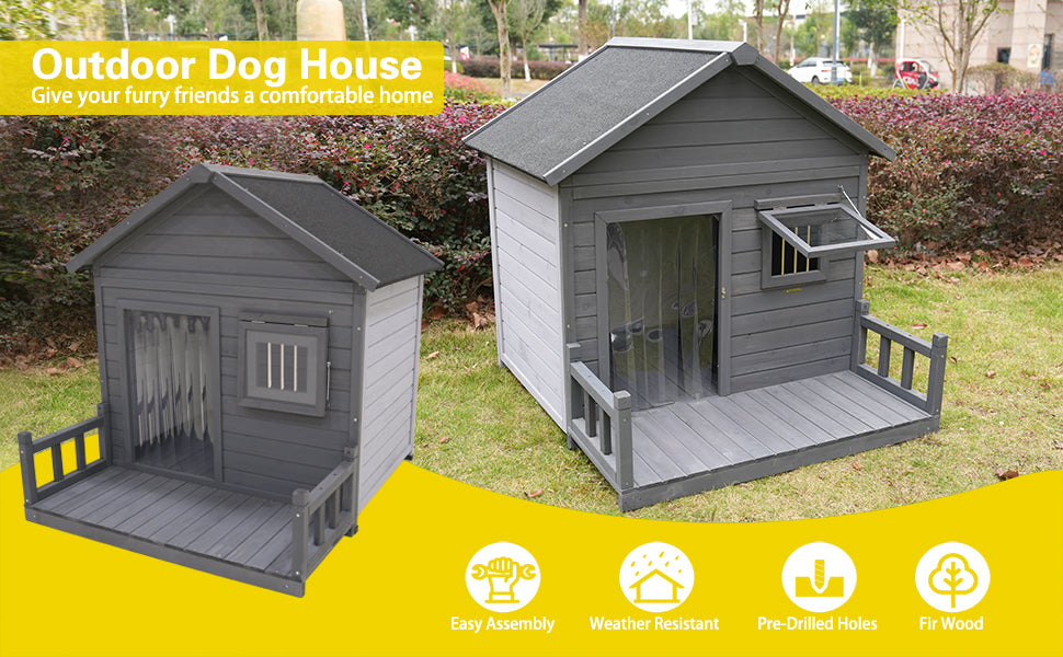 Large dog house, 44.2" long x 44.6" wide x 44.6" high solid wood asphalt roof dog house for large dogs with large terrace, weatherproof large dog house