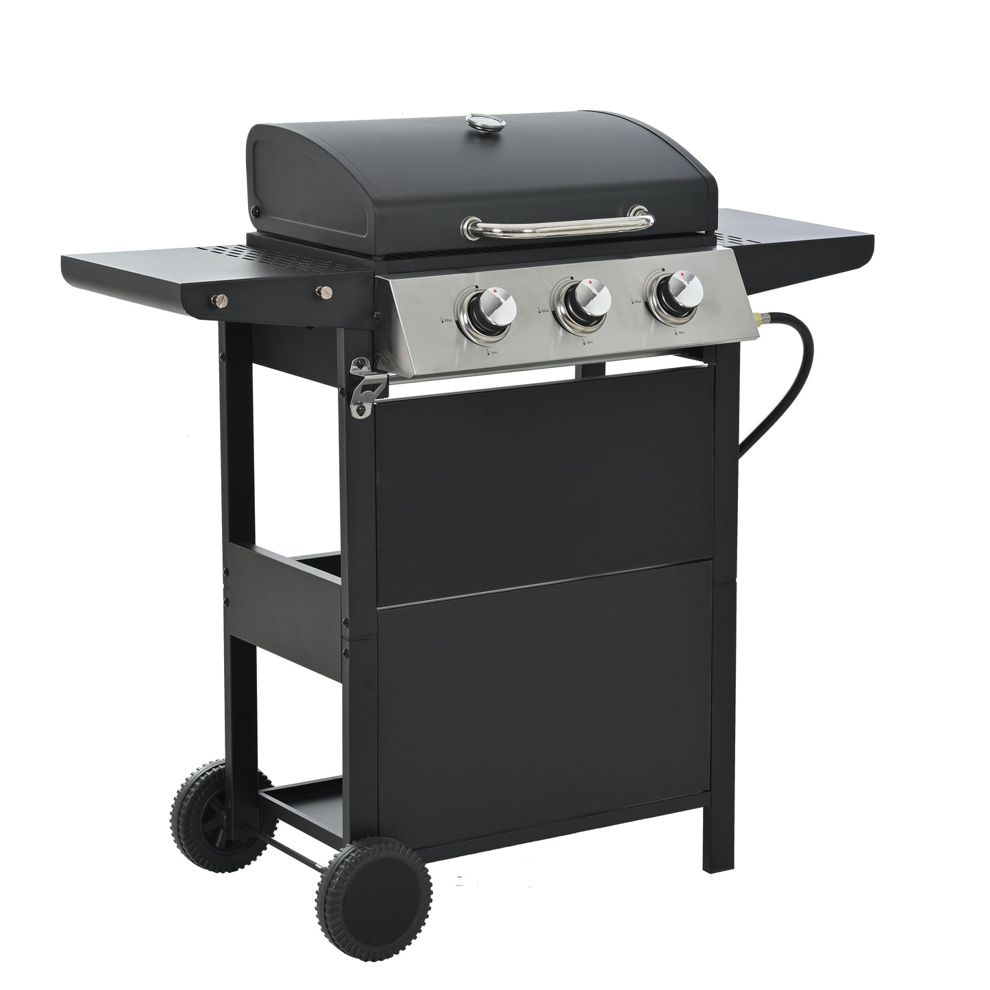 Propane Gas Grill 4 Burner Barbecue Grill, Stainless Steel 34,000 BTU Patio Garden Barbecue Grill with Two Shelves, Lid, Wheels and Bottle Opener