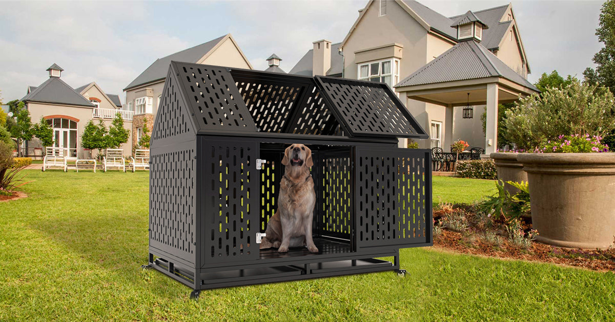 45" Heavy Duty Dog Crate 45 inch Durable Pet Dog Cage Crate Kennel with Roof Top 2 Doors Removable Trays, Lockable Wheels, Escape-Proof for High Anxiety Large/Extra Dogs