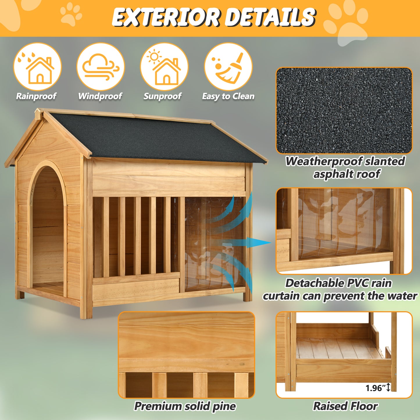 60.2" Large Wooden Dog House with Porch, Cabin Style Dog Crate with Asphalt Roof and Elevated Floor, Dog Kennel with Side Window and Doors, Perfect for Medium & Large Dogs, Nature