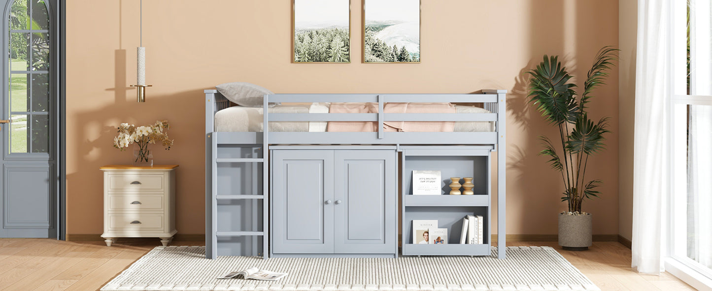 Twin Loft Bed with Storage Cabinet, Drawer and Shelf Cabinet and Pulling-Out Desk, Rubber Wood Loft Bed with Safety Guardrail, Ladder,Grey