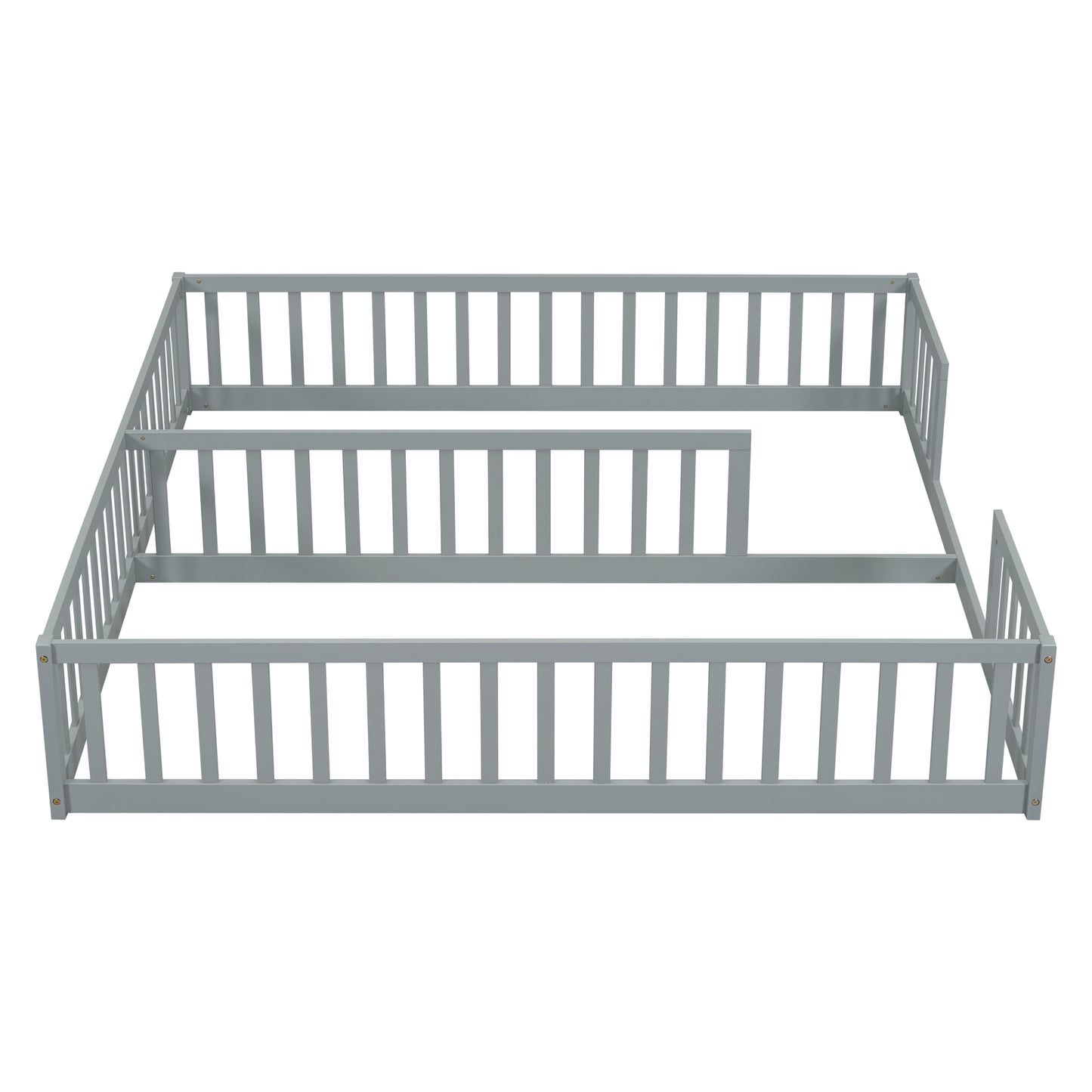 Double Twin Floor Bed with Fence, Guardrails, without door, Grey