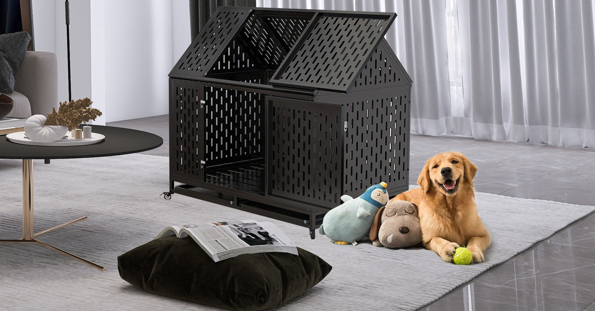 45" Heavy Duty Dog Crate Indestructible Pet Dog Cage Crate Kennel with Roof Top 2 Doors Removable Trays, Lockable Wheels, Escape-Proof for High Anxiety Large/Extra Dogs