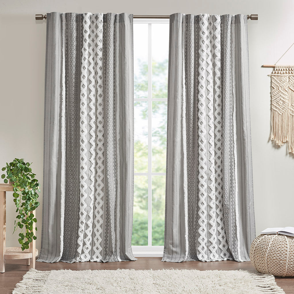 Cotton Printed Curtain Panel with Chenille Stripe and Lining Gray 50x84'