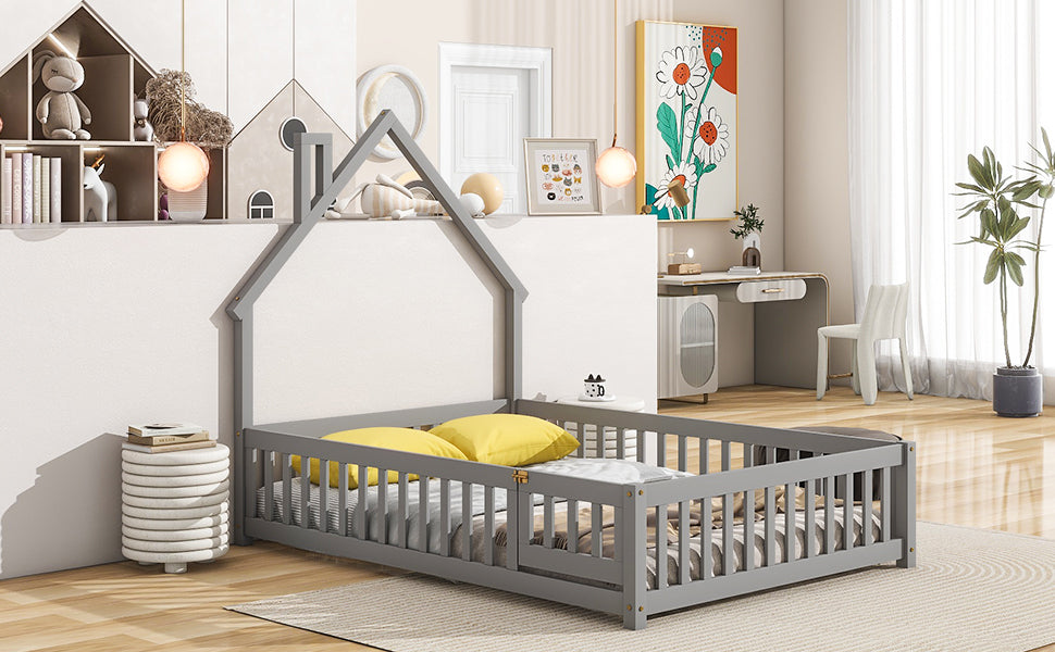 Full House-Shaped Headboard Floor Bed with Fence ,Grey