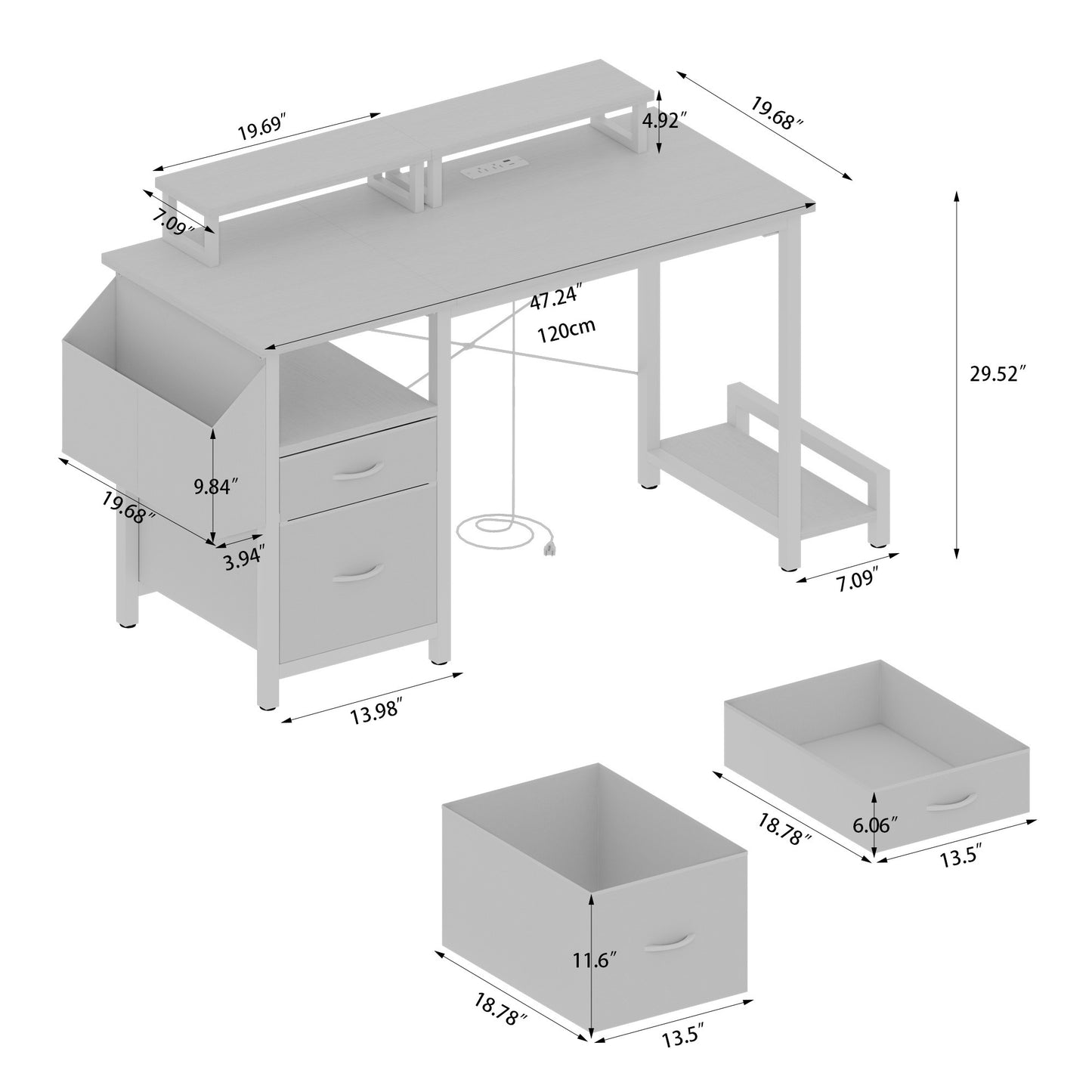 47"office desk with power outlet,2 Monitor Stands,2 drawers,Side Pocket,Easy to Assemble,Frame stability Reversible,use for home desk, computer desk, game table,White