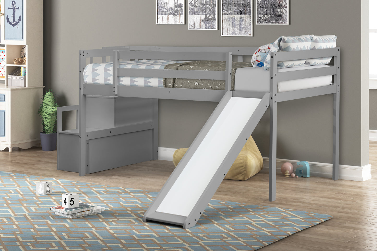 Loft Bed with Staircase, Storage, Slide, Twin size, Full-length Safety Guardrails, No Box Spring Needed, Grey (Old Sku:W504S00005)