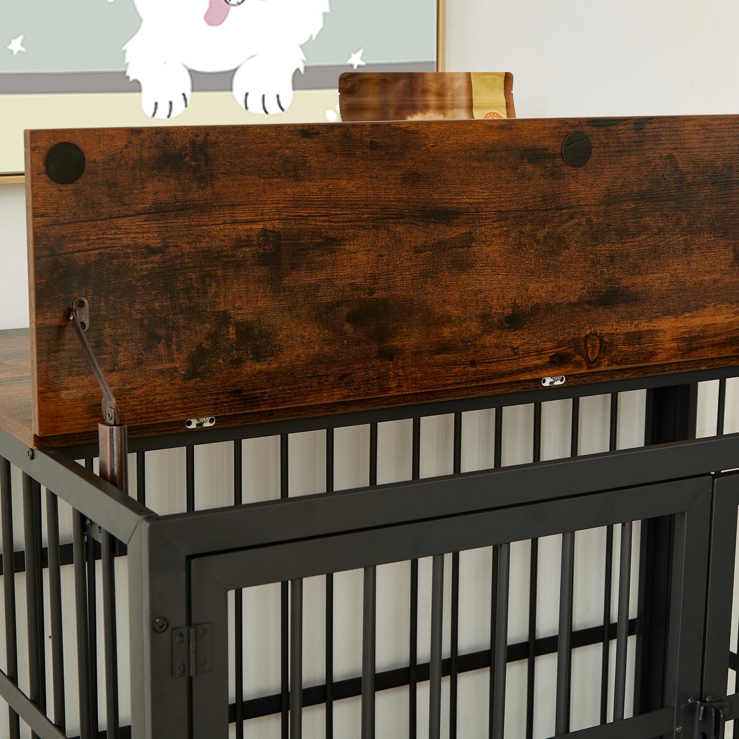 Furniture style dog crate wrought iron frame door with side openings, Rustic Brown, 43.3''W x 29.9''D x 33.5''H.