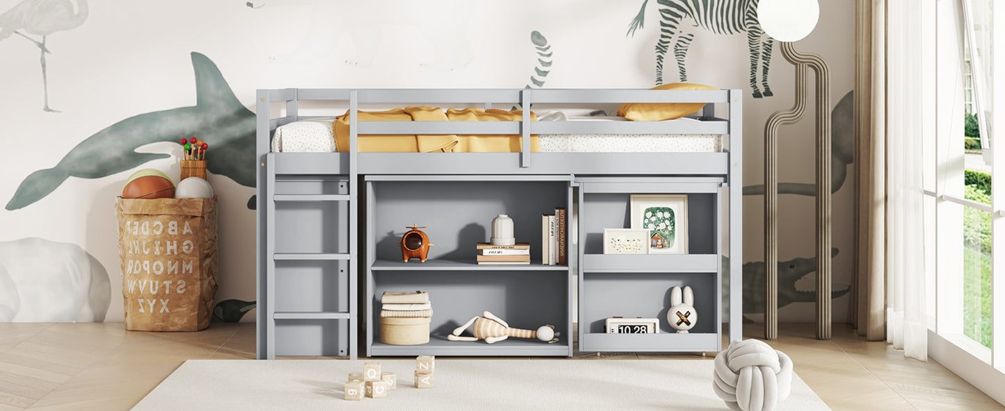 Twin Loft Bed with ,Drawer Cabinet, Shelf Cabinet and Pulling -Out Desk,Rubber Wood Loft Bed with Safety Guardrail ,Ladder,Grey