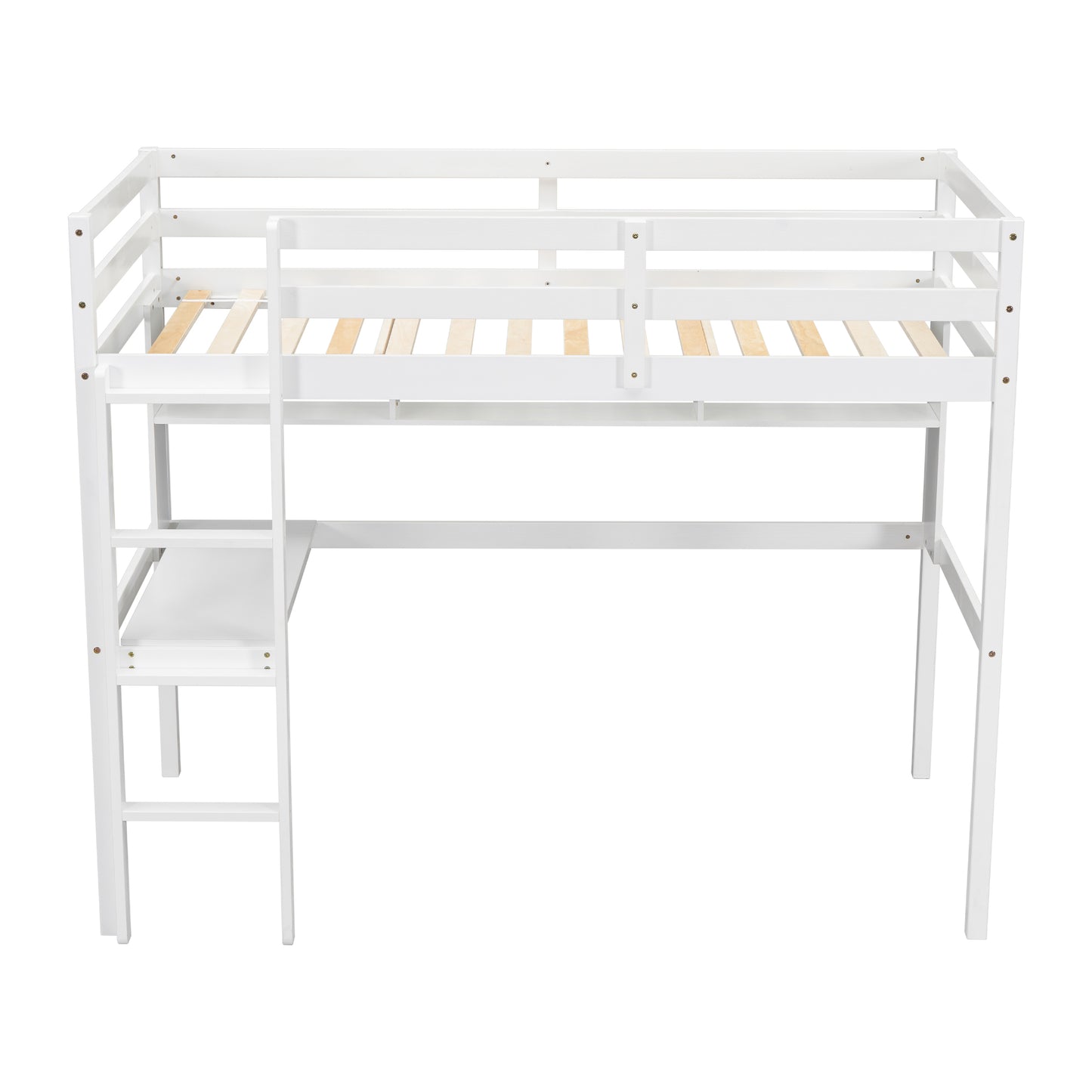 Twin Size Loft Bed with desk and shelves, Safety Guardrail and ladder,White