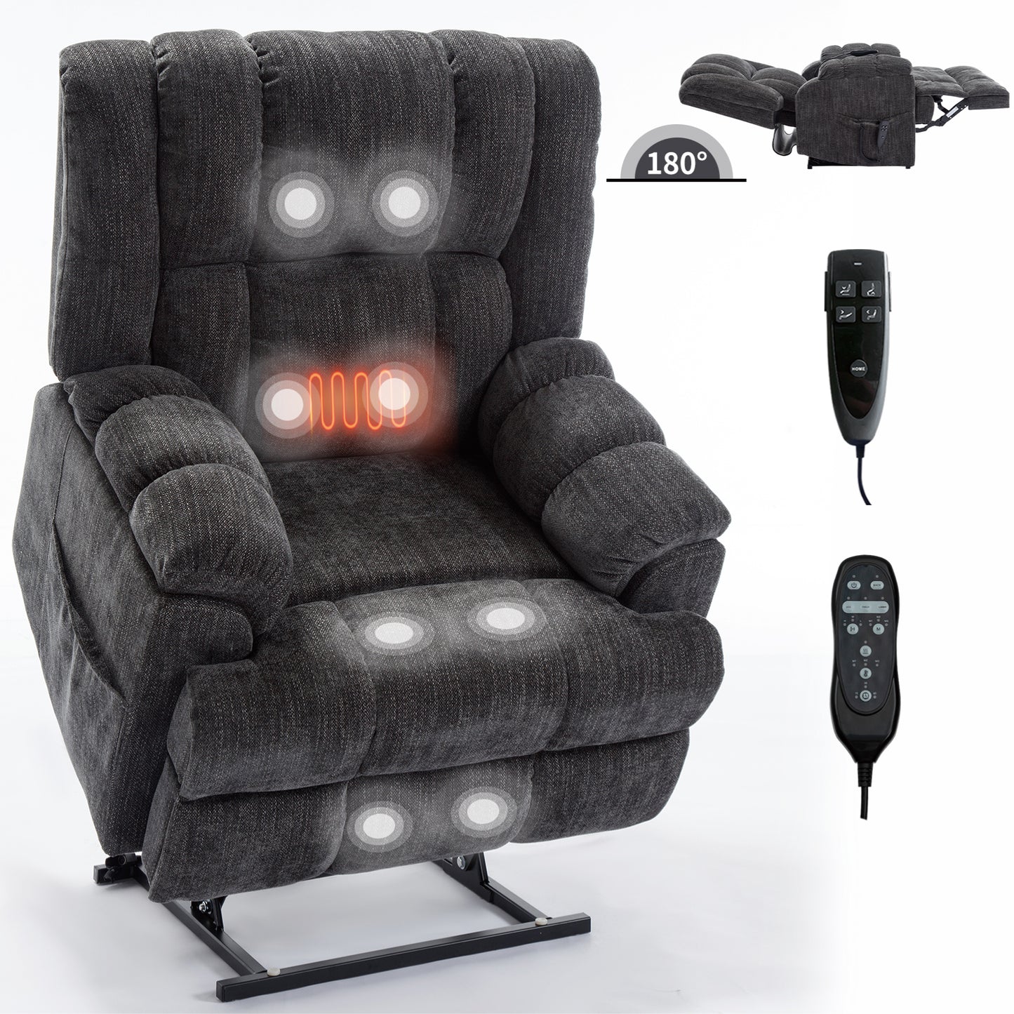 Dual Motor Heat Massage Infinite Position Up to 350 LBS Electric Power Lift Recliners with Power-Remote, Medium-firm and Heavy Duty, Grey