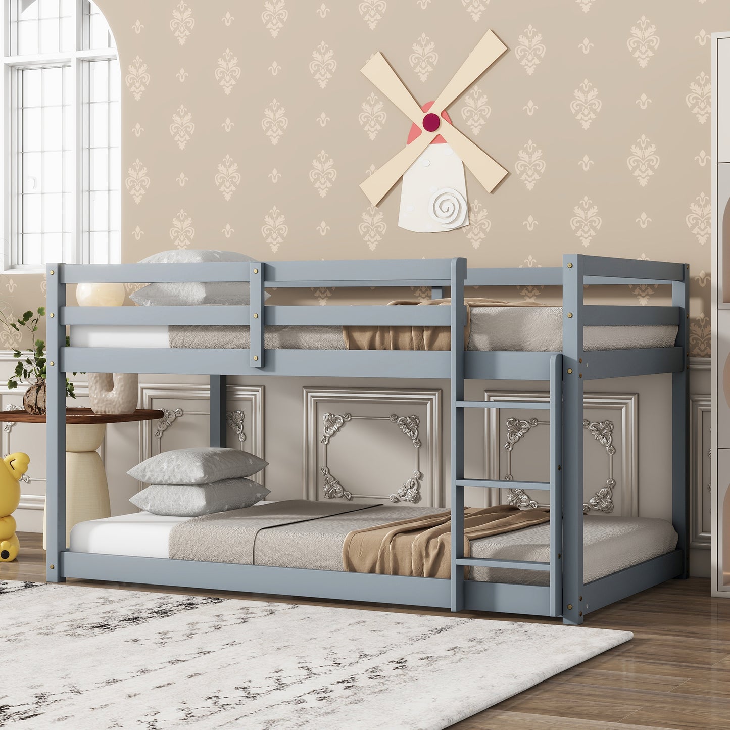 Solid Wooden, Solid Rubber Wooden Twin over Twin Loft Bed with Ladder, with Bed Platform of Strengthened Slats , Grey