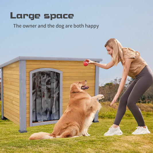 45' winter warm outdoor indoor dog house, made of solid wood, plastic curtain, insulation mat.