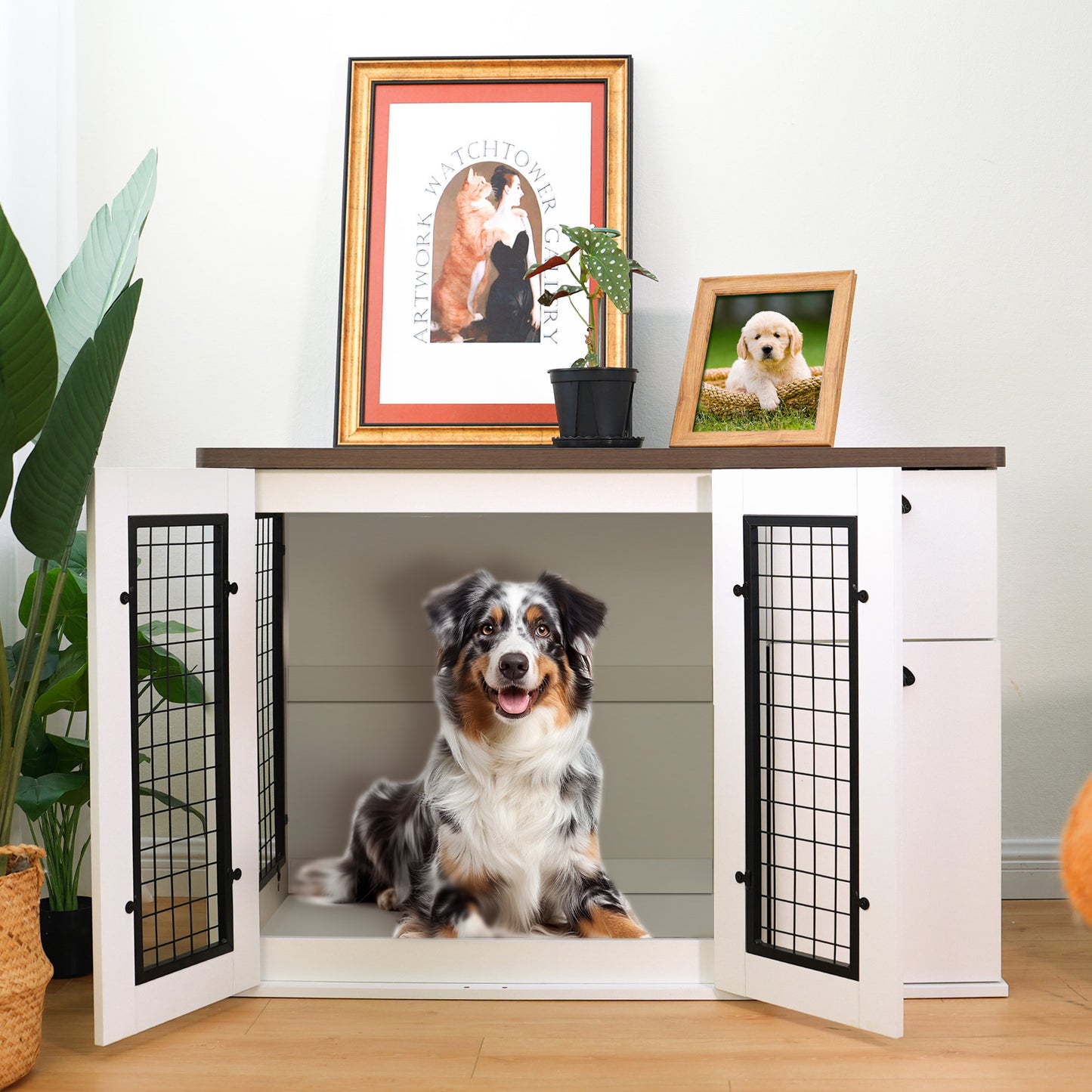 Furniture style dog cage, wooden dog cage, double door dog cage, side cabinet dog cage, Dog crate