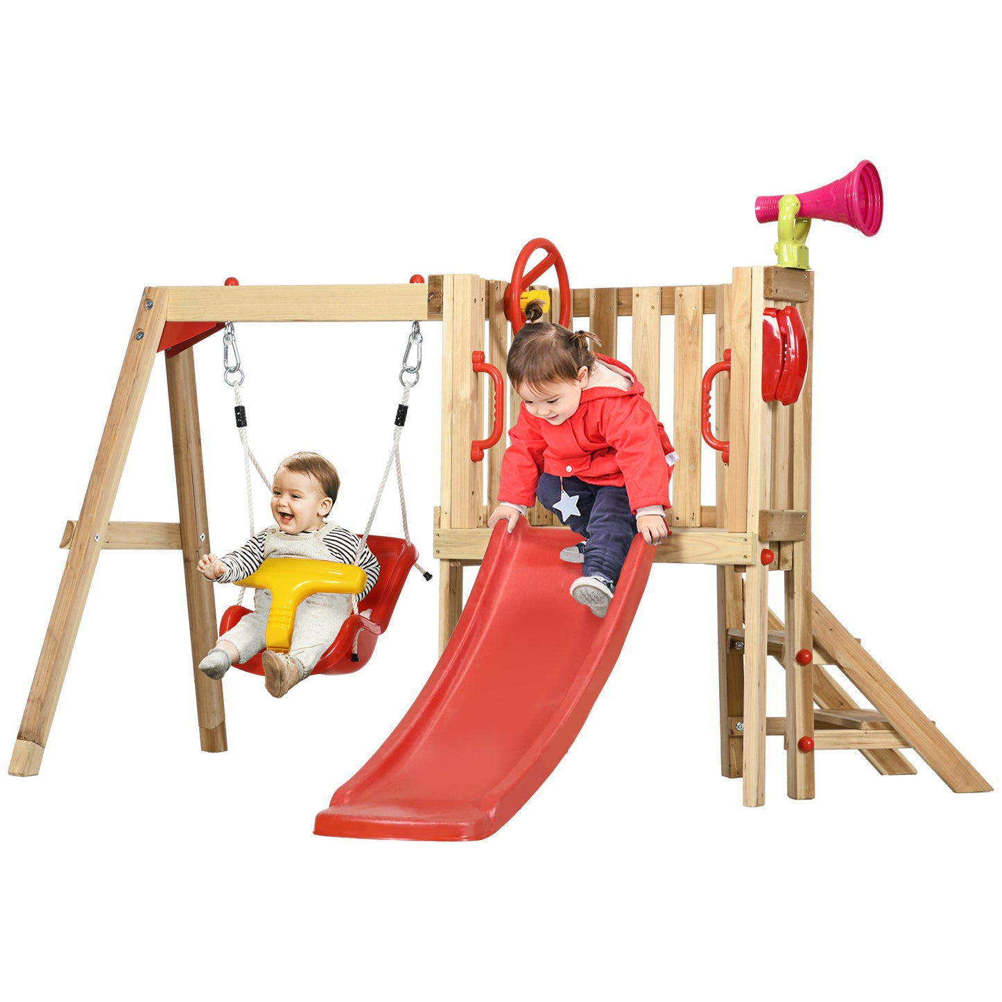 Outsunny 4 in 1 Wooden Swing Set Outdoor Playset with Baby Swing Seat, Toddler Slide, Captain's Wheel, Horn, Kids Backyard Playground Equipment, Ages 1.5-4